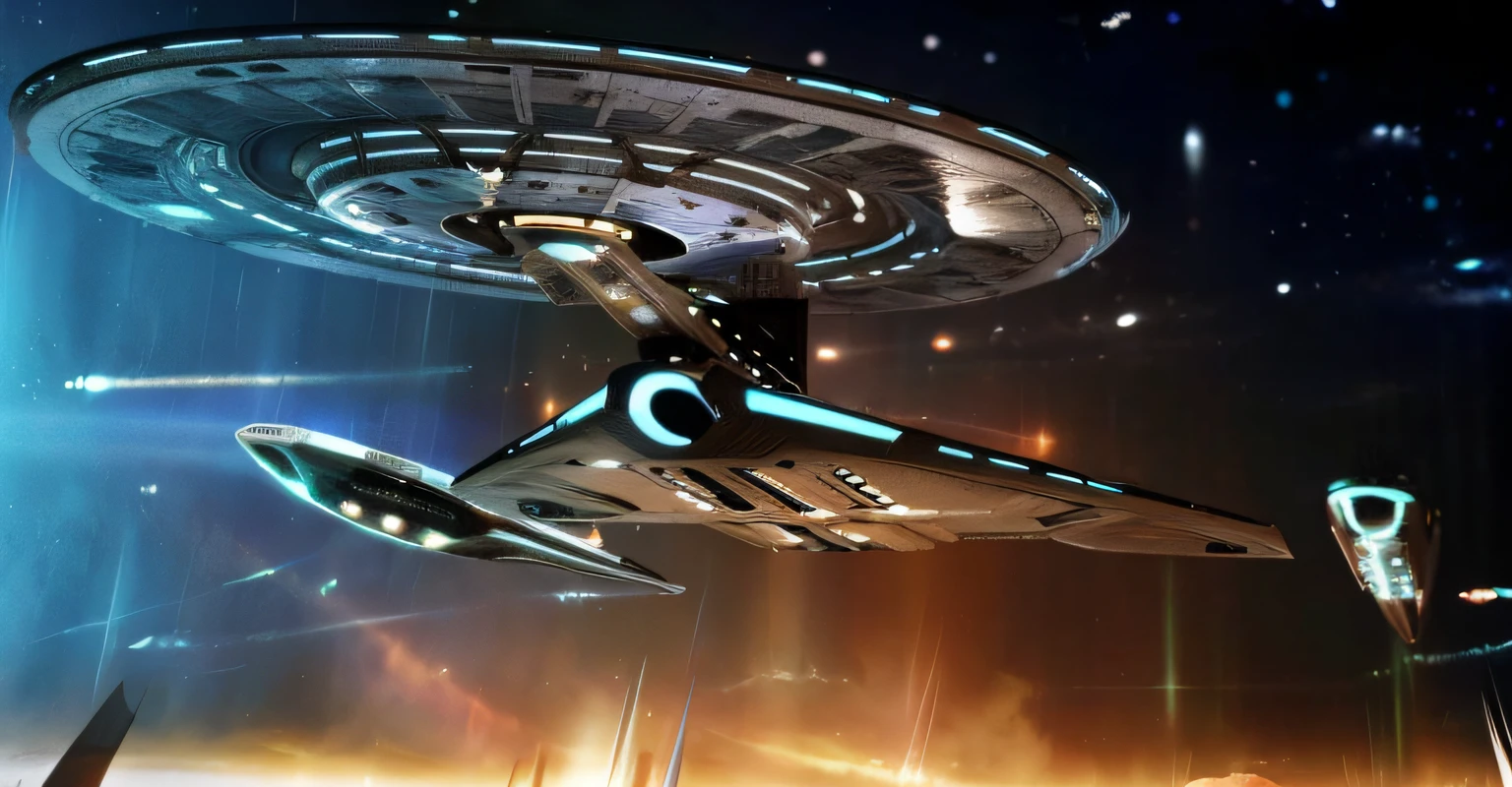 Nave espacial sobrevoando um planeta com uma nave Star Trek ao fundo, de Star Trek 2021, Starship no fundo, Star Trek setting, O Orville, USS Empresa, STTNG, Empresa Starship, A Starship Enterprise, naves estelares, space opera and dystopian style, sci-fi spaceship, Olhando para naves espaciais no cais, artefatos de efeito de massa