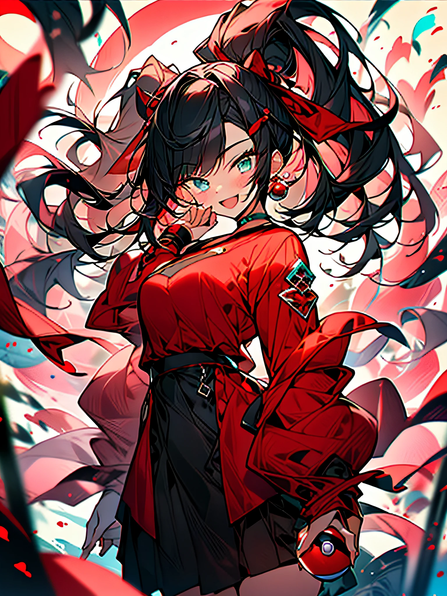 masterpiece, best quality, highres, hmmarnie, aqua eyes, black choker, red ribbon, pink dress, jewelry, black jacket, open clothes, long sleeves, cowboy shot, standing, field, holding poke ball, poke ball \(basic\), smile, open mouth,
