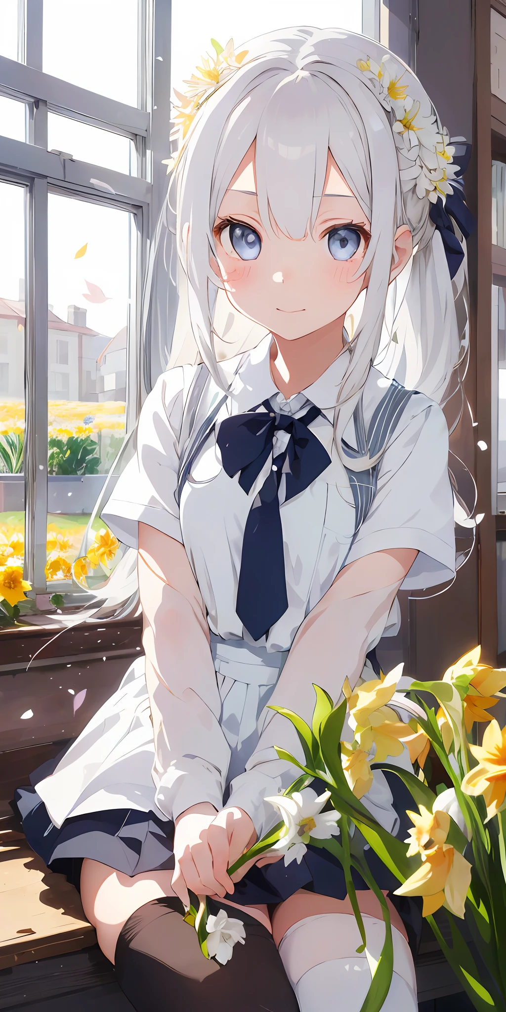 1girl, beautiful detailed eyes, long white hair, light grey eyes, school uniform, high white stocking, lustrous skin, flower, daffodil, hyacinth, falling petals, , high contrast, ((masterpiece, best quality))