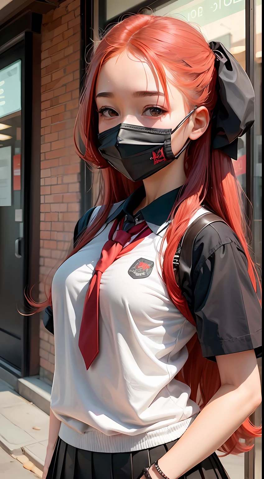 schoolgirls，The upper part of the body，Red Lingeri，long whitr hair，mouth mask --auto
