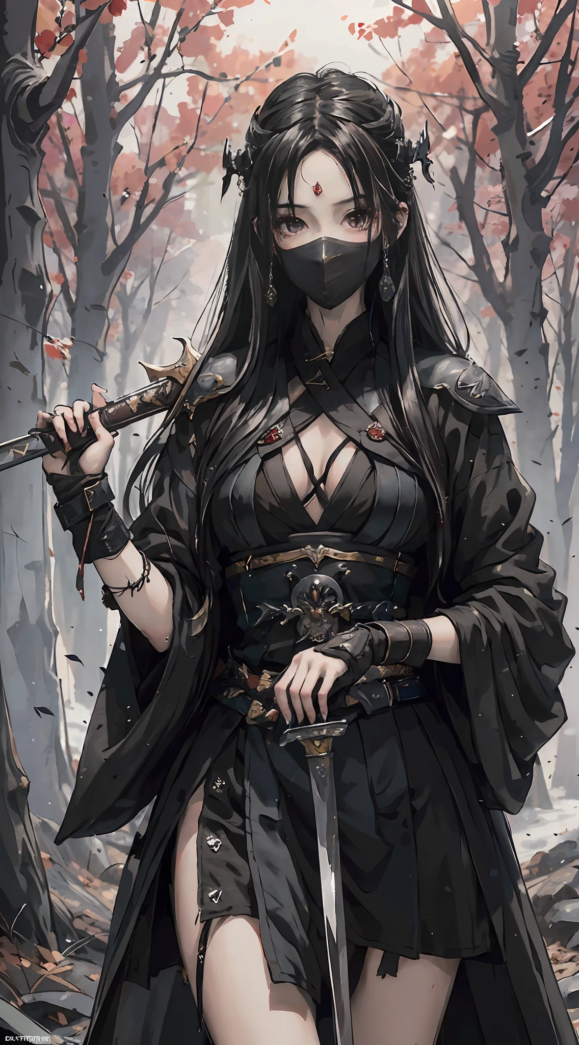 Masterpiece, highest quality, extreme clarity, 1 female warrior with a black cloth covering her face, long black hair, body wearing Hanfu, ((her hand holding the hilt of a sword)), the sword looks sharp, the sword is stained with blood, and the background is set in the woods