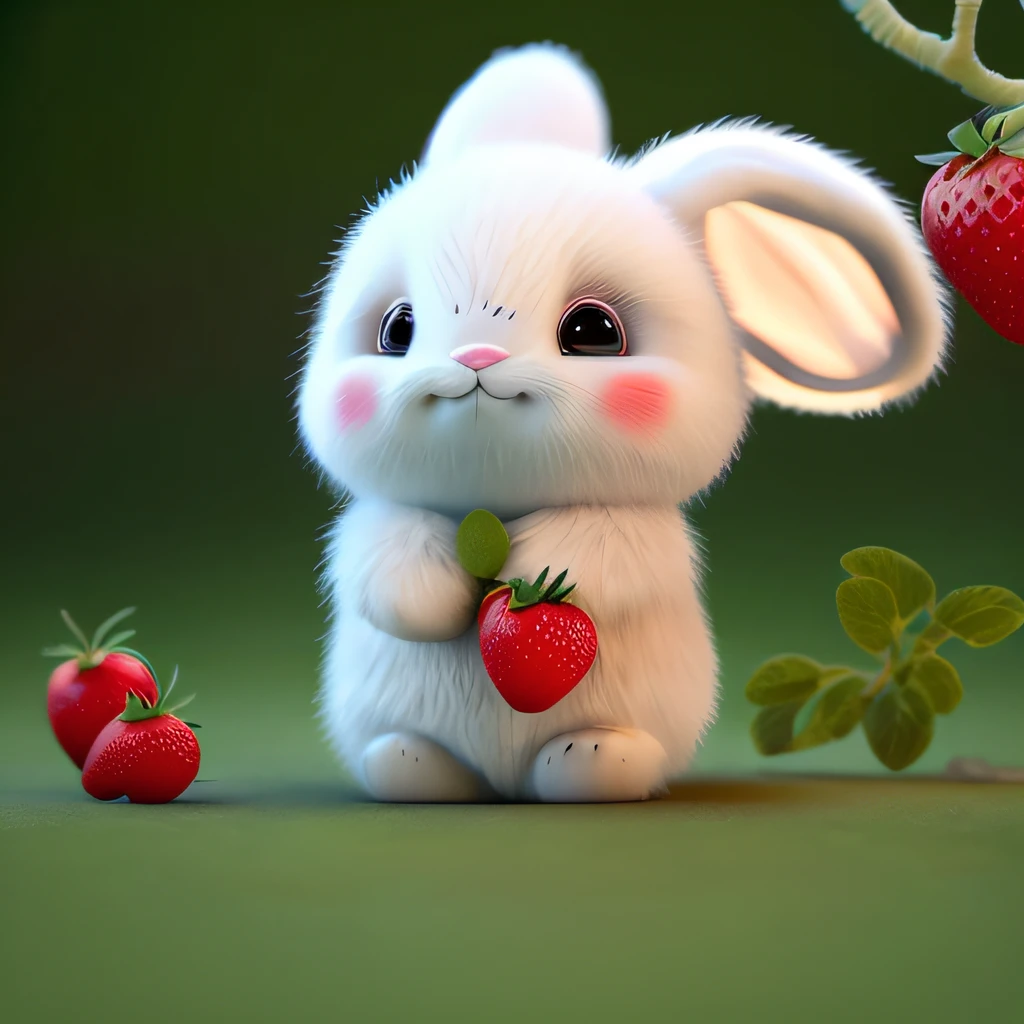 : 3. bunny, realistic, furry animal, apple, black eye, blush, cherry, food, fruit, full body, hat, non-human, strawberry, tomato, watermelon
