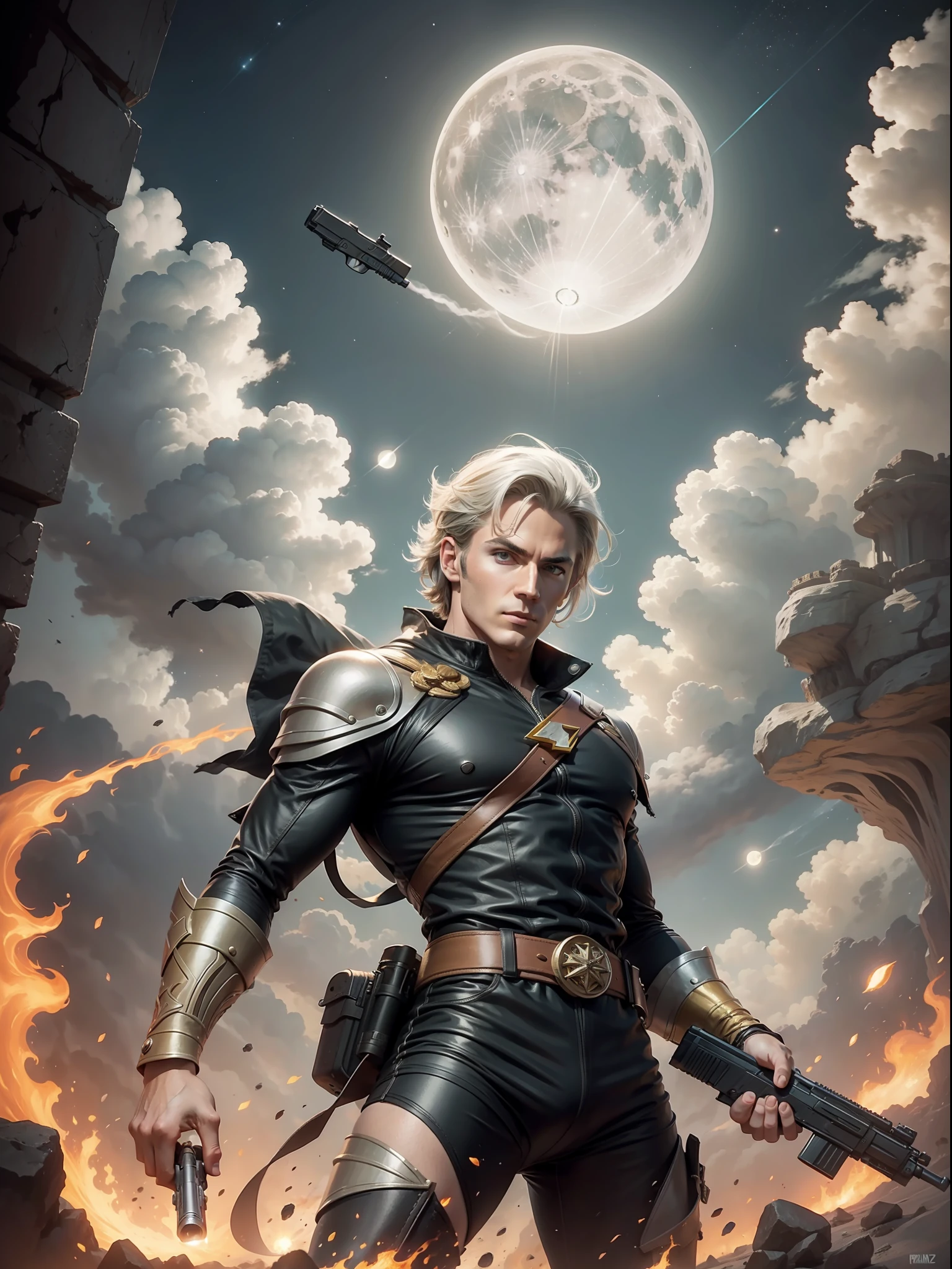 flash gordon in black and gray costume with gun in moon