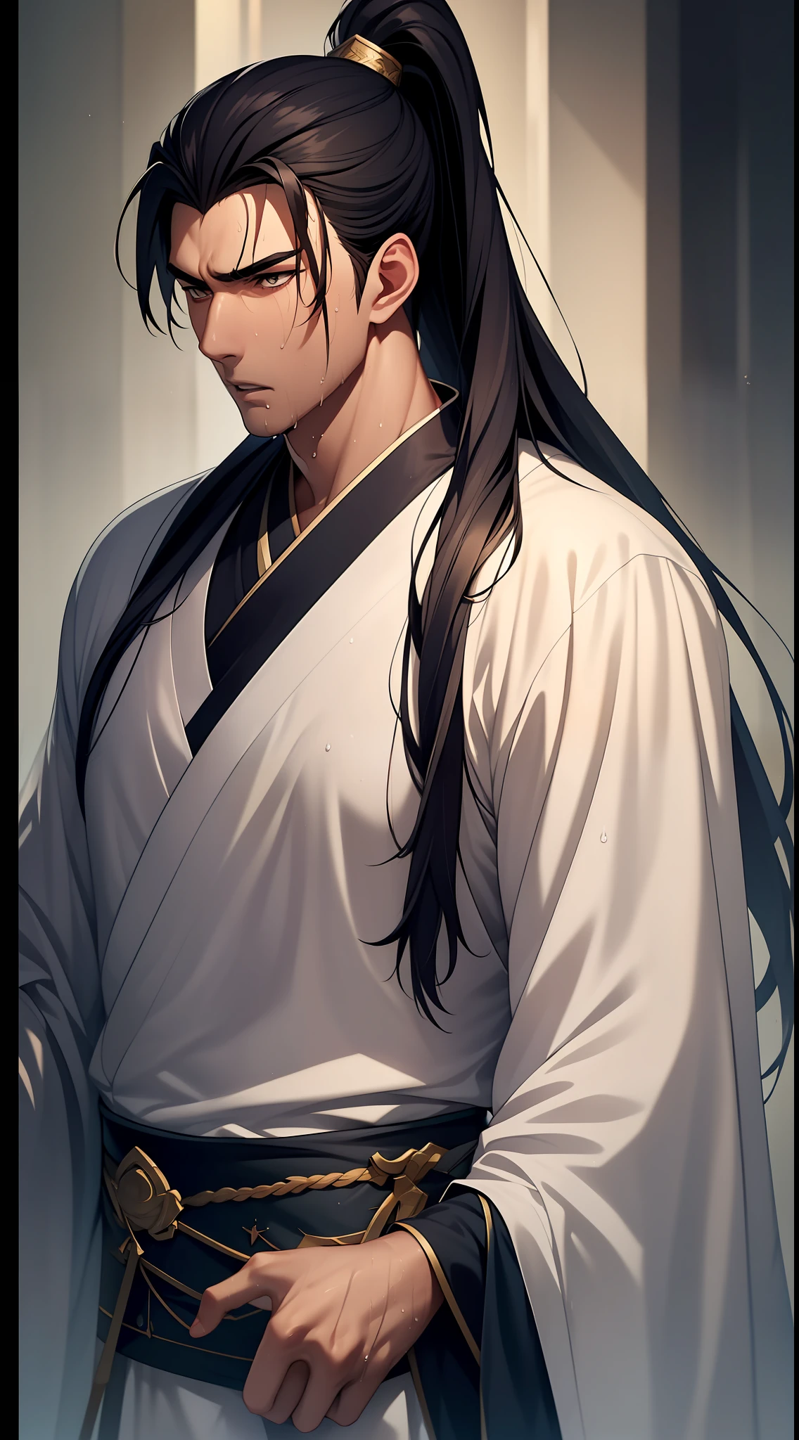 Two-dimensional, anime style, man (male warrior), muscle, correct proportions, face details, martial arts, high ponytail hairstyle, sweating, sweaty face, drooling, neck details, with Adam's apple, wet, wet, Hanfu costume, long robe, embroidered robe, dragon robe, clothing details, collar, long sleeves, game quality, swordsman demeanor, light and shadow tracing, ray tracing, detail glow, CG rendering, hair details, long black hair, golden eyes, sweaty face, handsome, handsome, sweat beads slipping down the neck, (juvenile feeling), complex clothing, wet, wet, perfect composition, refinement, high quality, more details, a lot of details, complex background, atmosphere,