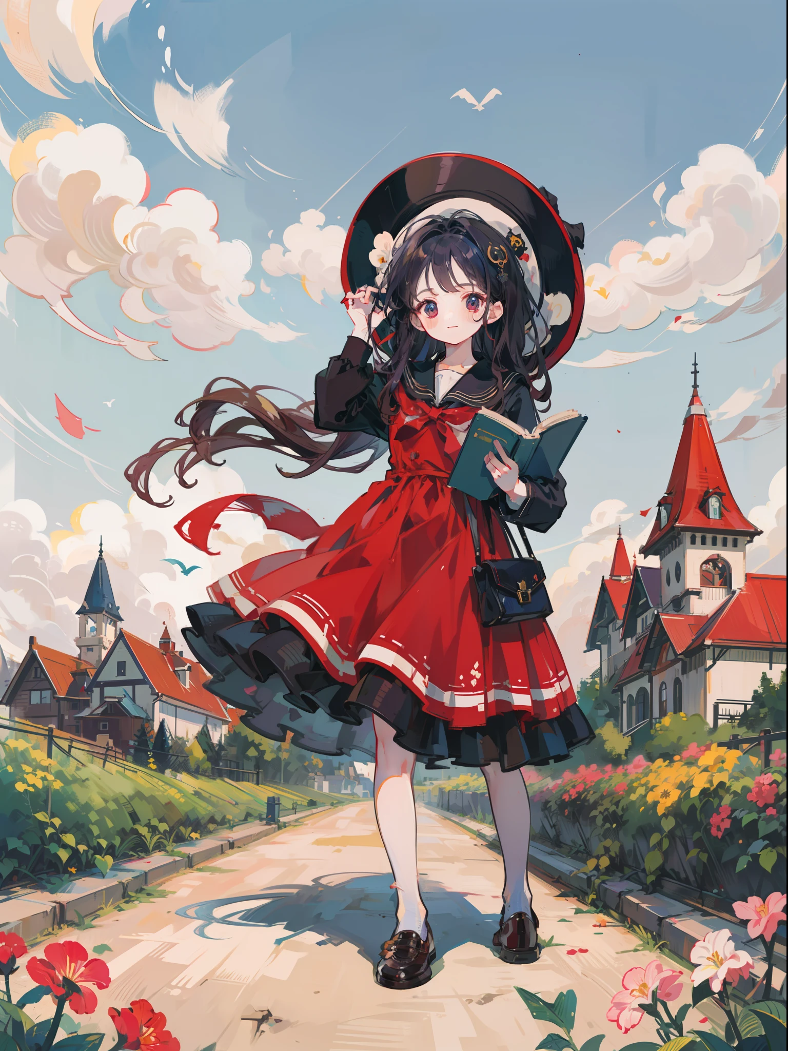 Witch's school garden with a high tower。Close-up of the face of a wizard girl about 18 years old。Smiling。Holding a book。Maroon wavy hair。Witch dress with beautiful ruffles and decorations。Big witch's hat。overknee socks。A brick road leads to a magical brick school building。Near and far law。blue open sky。Dynamic composition with depth。Extremely high quality、high-level image quality、Extremely delicate drawing。Rarely seen workmanship