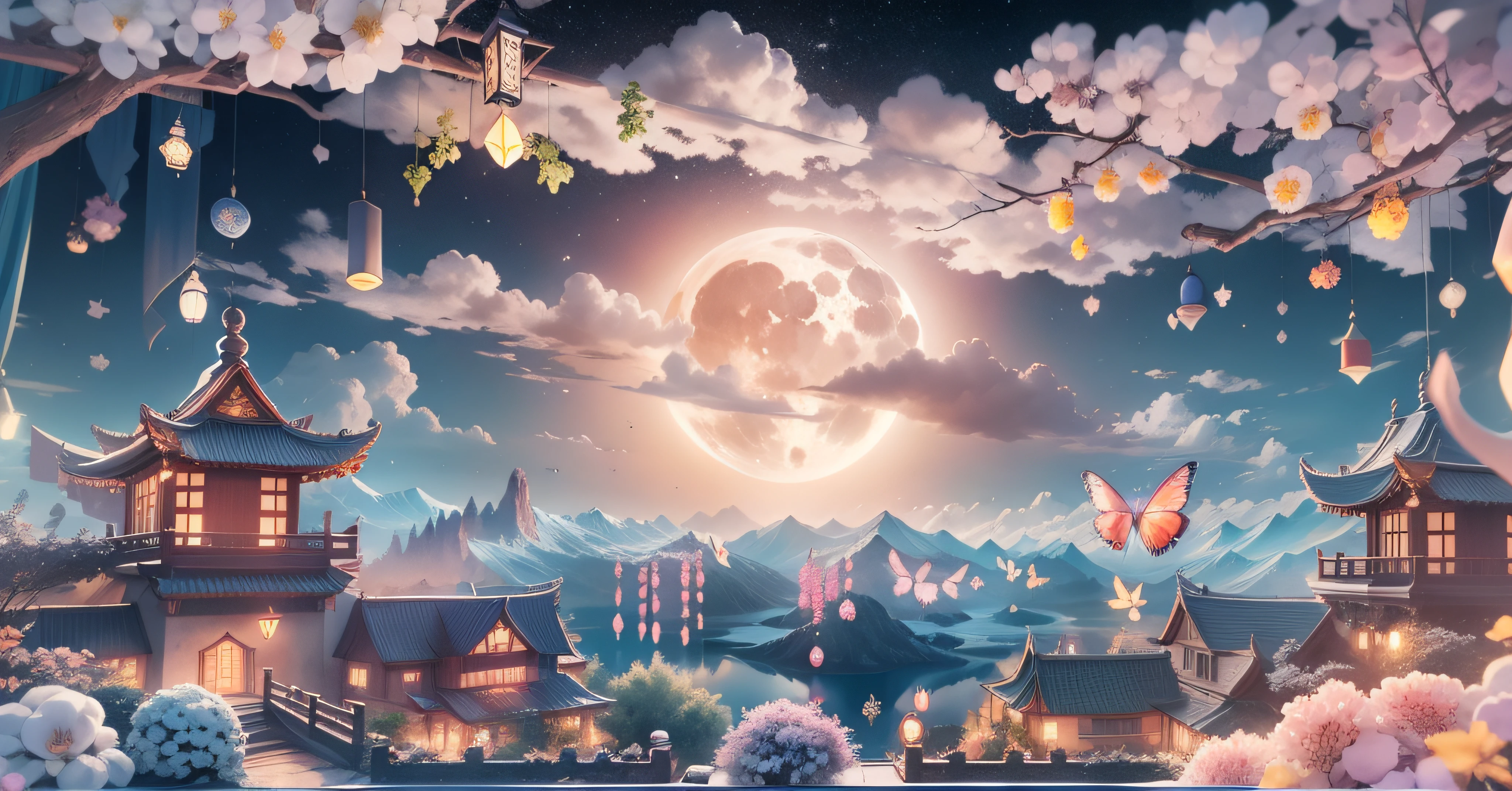 tmasterpiece，Best quality at best，（Very detailed CG unity 8K wallpaper），（Best quality at best），（The best illustrations），paper lanterns、China-style、inside in room，Panoramic window sills、（Huge Full Moon、super moon、In the middle of thepicture）、Far Mountain、Cloud、aquarelle、lakes、As estrelas、meteors、poster for、（glowworm），butterflys，（with light glowing），（Particle effect）， Isometric 3D, Octane rendering, Ray traching, ultra-detailliert