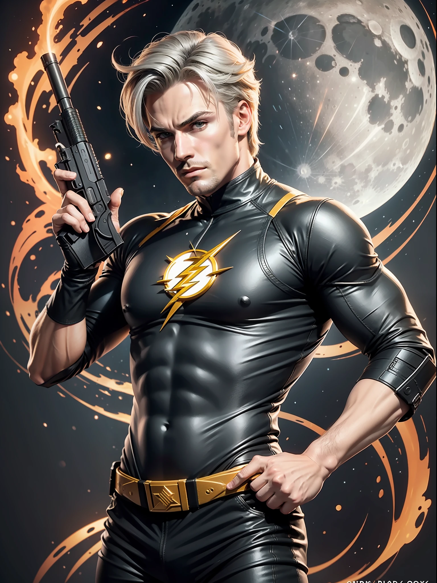 flash gordon in black and gray costume with gun in moon