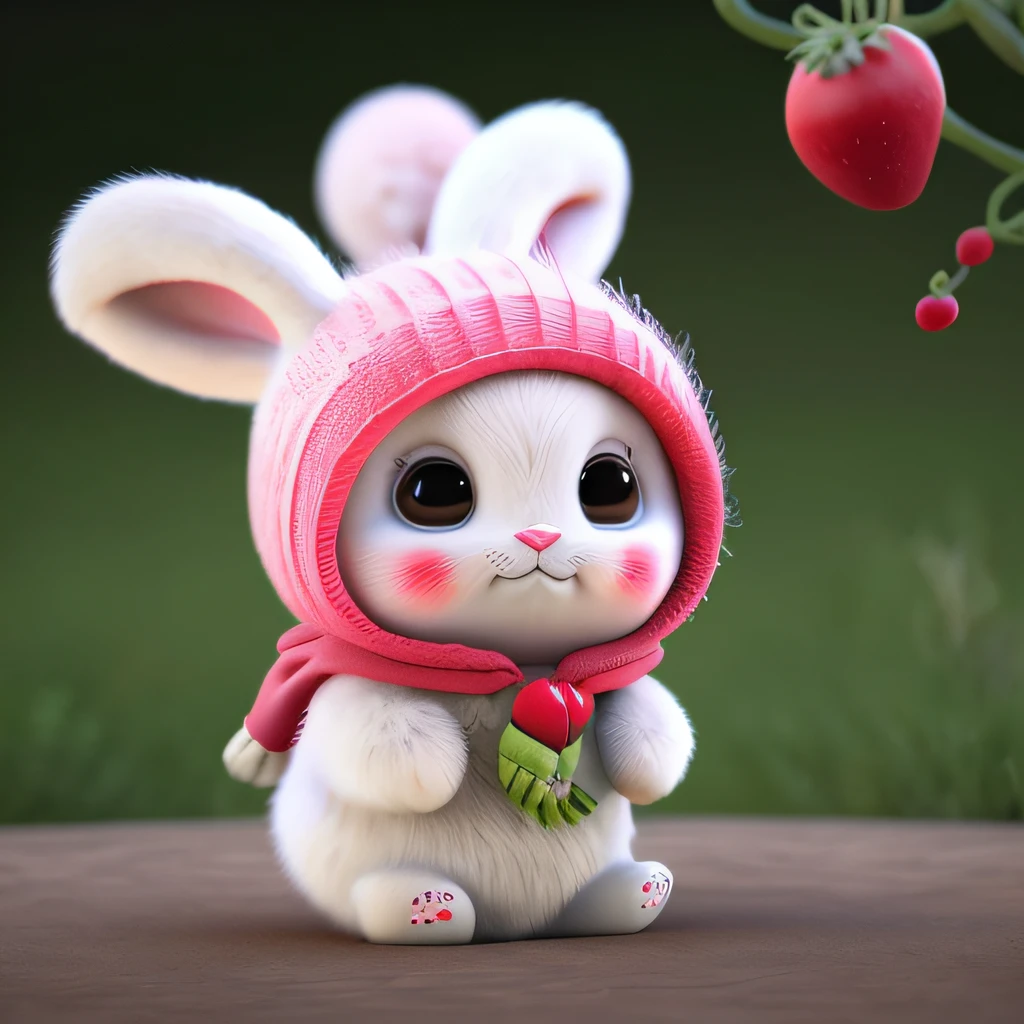 : 3. bunny, realistic, furry animal, apple, black eye, blush, cherry, food, fruit, full body, hat, non-human, strawberry, tomato, watermelon
