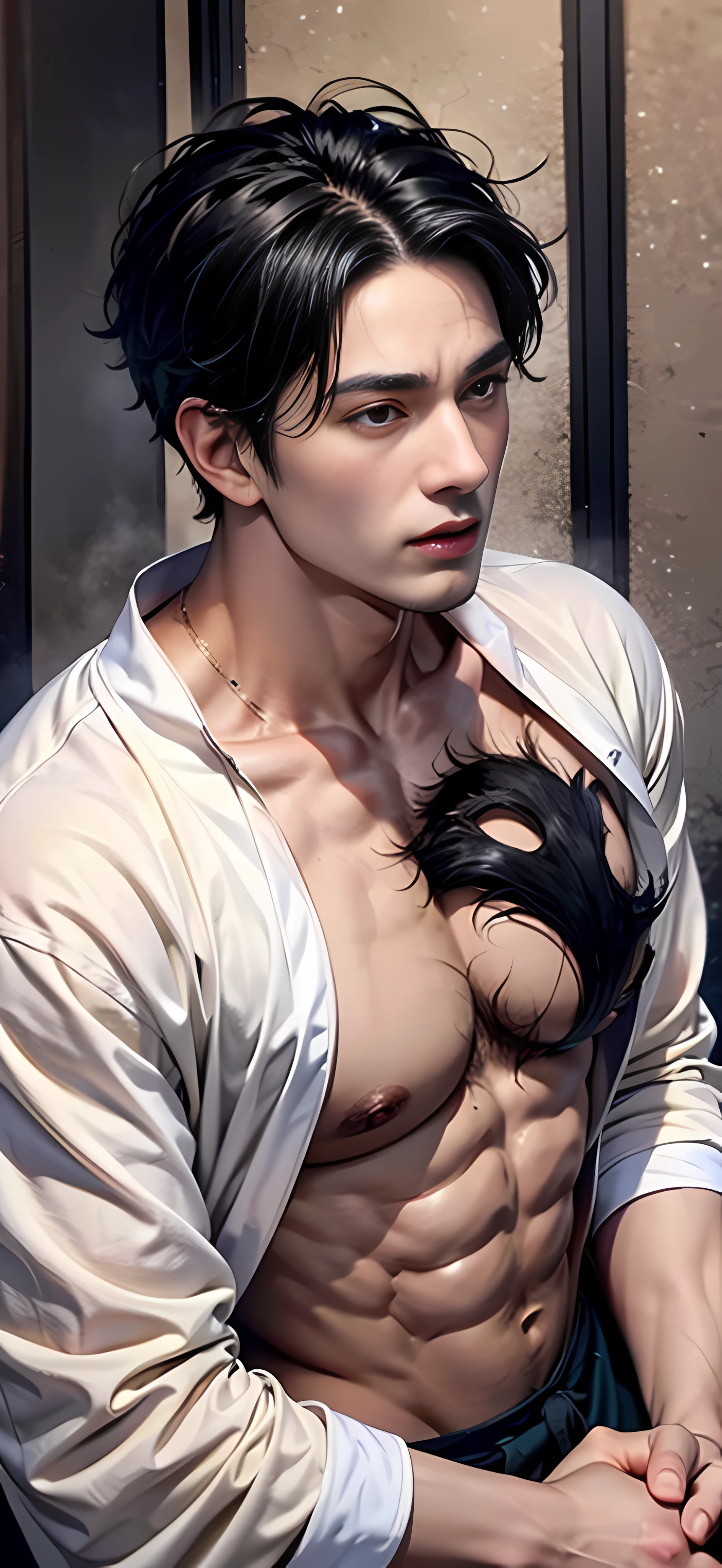 (Couple Cugging)Rough man Zeus muscles,1 Men,mistic,Soaring,White Hanfu,Handsome,with short black hair,exteriors