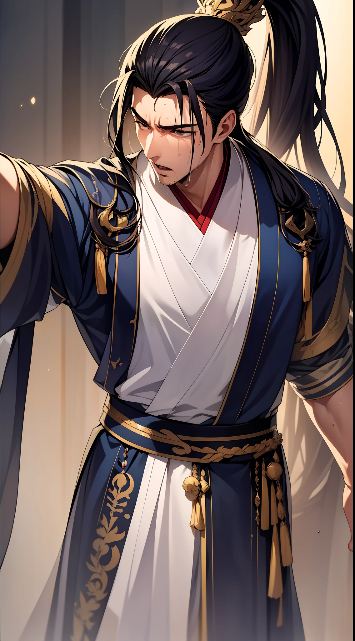 Two-dimensional, anime style, man (male warrior), muscle, correct proportions, face details, martial arts, high ponytail hairstyle, sweating, sweaty face, drooling, neck details, with Adam's apple, wet, wet, Hanfu costume, long robe, embroidered robe, dragon robe, clothing details, collar, long sleeves, game quality, swordsman demeanor, light and shadow tracing, ray tracing, detail glow, CG rendering, hair details, long black hair, golden eyes, sweaty face, handsome, handsome, sweat beads slipping down the neck, (juvenile feeling), complex clothing, wet, wet, perfect composition, refinement, high quality, more details, a lot of details, complex background, atmosphere,