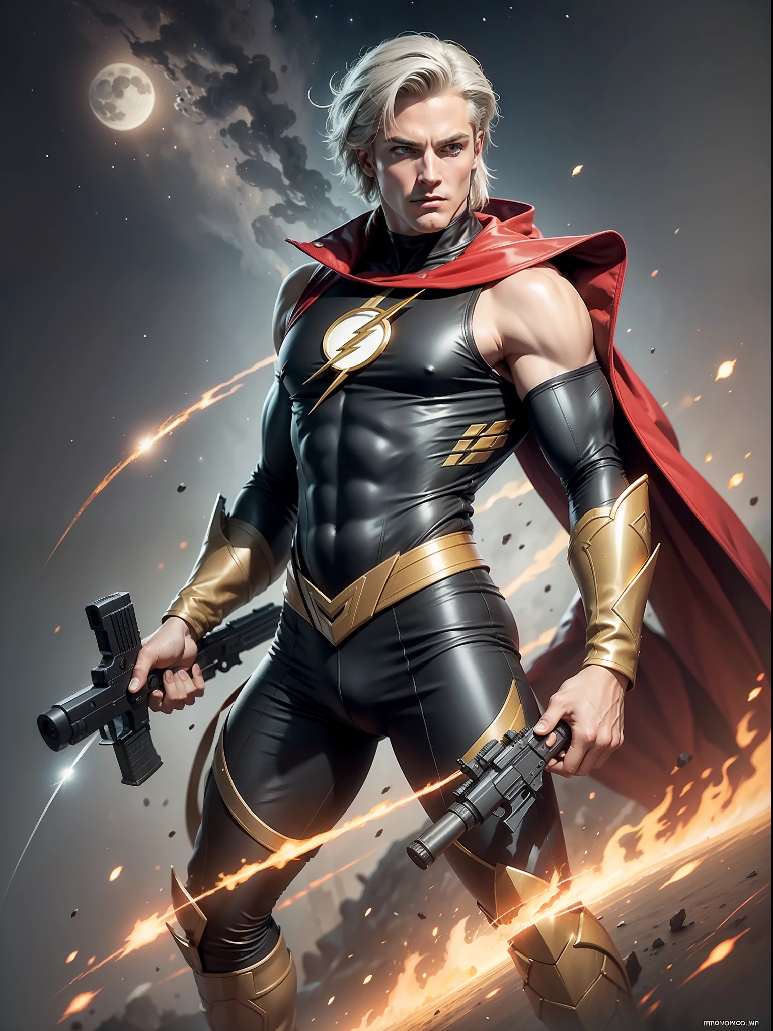 flash gordon in black and gray costume with gun in moon