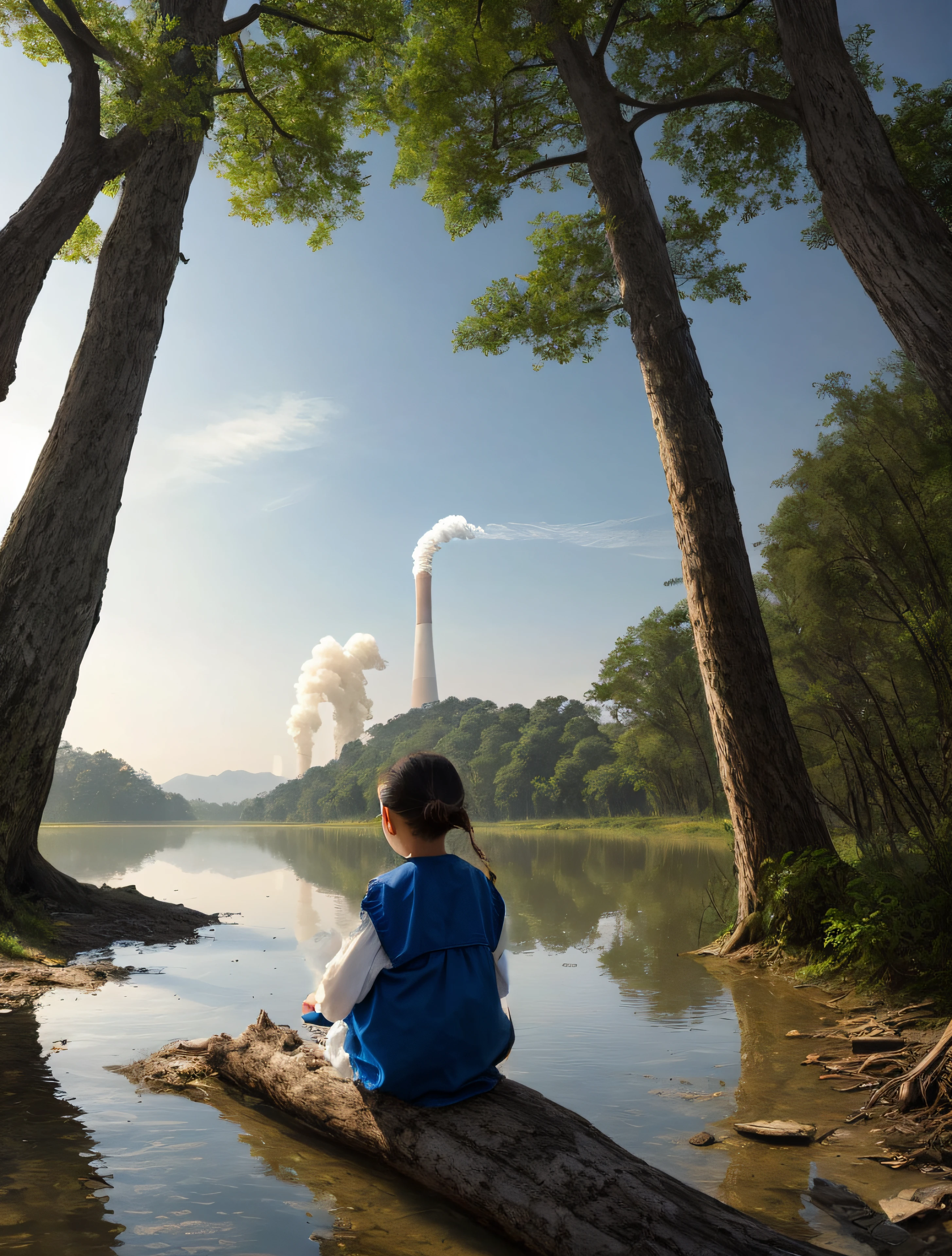 Child in white () Sitting in the river drying with her father and looking at the polluted city