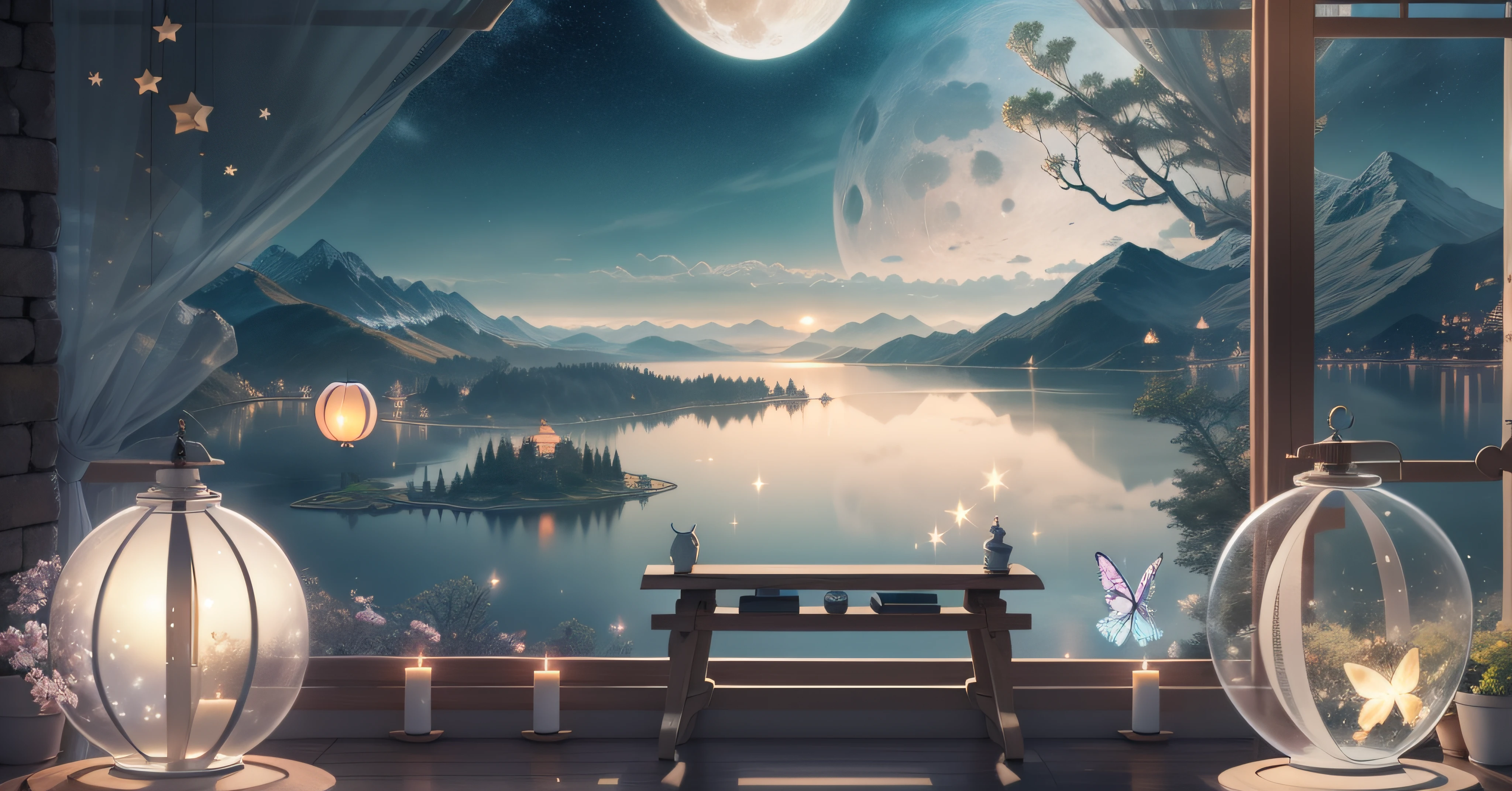 tmasterpiece,Best quality at best,(Very detailed CG unity 8K wallpaper),(Best quality at best),(The best illustrations),paper lanterns、China-style、inside in room,Panoramic window sills、(Huge Full Moon、super moon、In the middle of thepicture)、Far Mountain、Cloud、aquarelle、lakes、As estrelas、meteors、poster for、(glowworm),butterflys,(with light glowing),(Particle effect), Isometric 3D, Octane rendering, Ray traching, ultra-detailliert