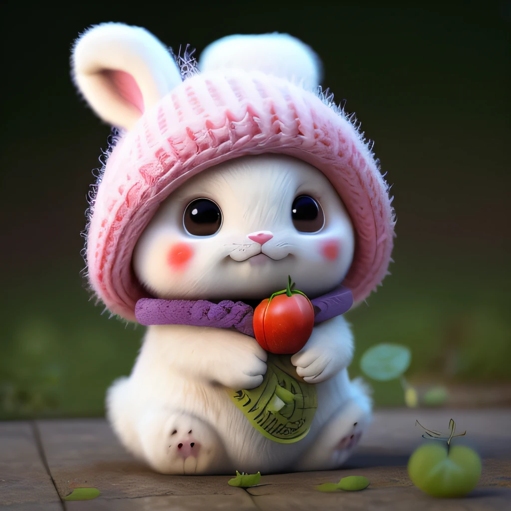 : 3. bunny, realistic, furry animal, apple, black eye, blush, cherry, food, fruit, full body, hat, non-human, strawberry, tomato, watermelon