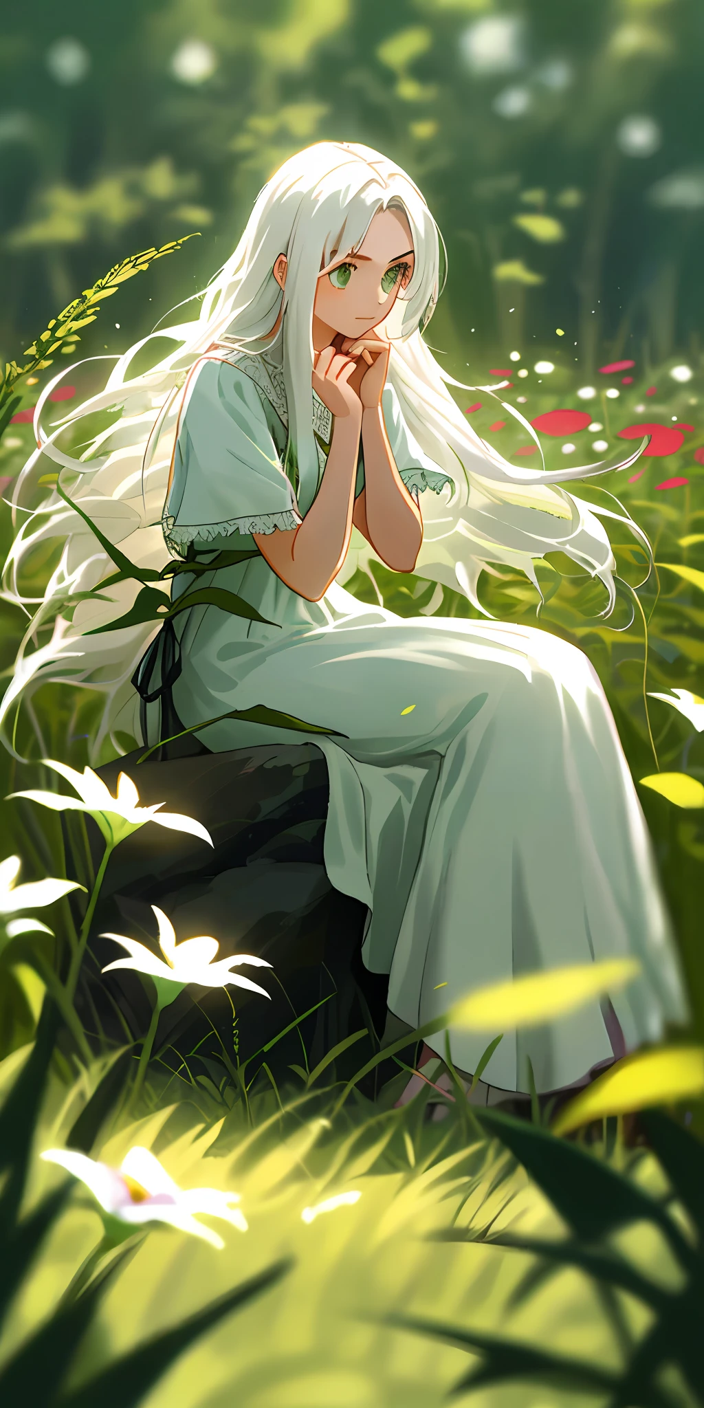 (masterpiece, best quality),1girl with long white hair sitting in a field of green plants and flowers, her hand under her chin, warm lighting, white dress, blurry foreground