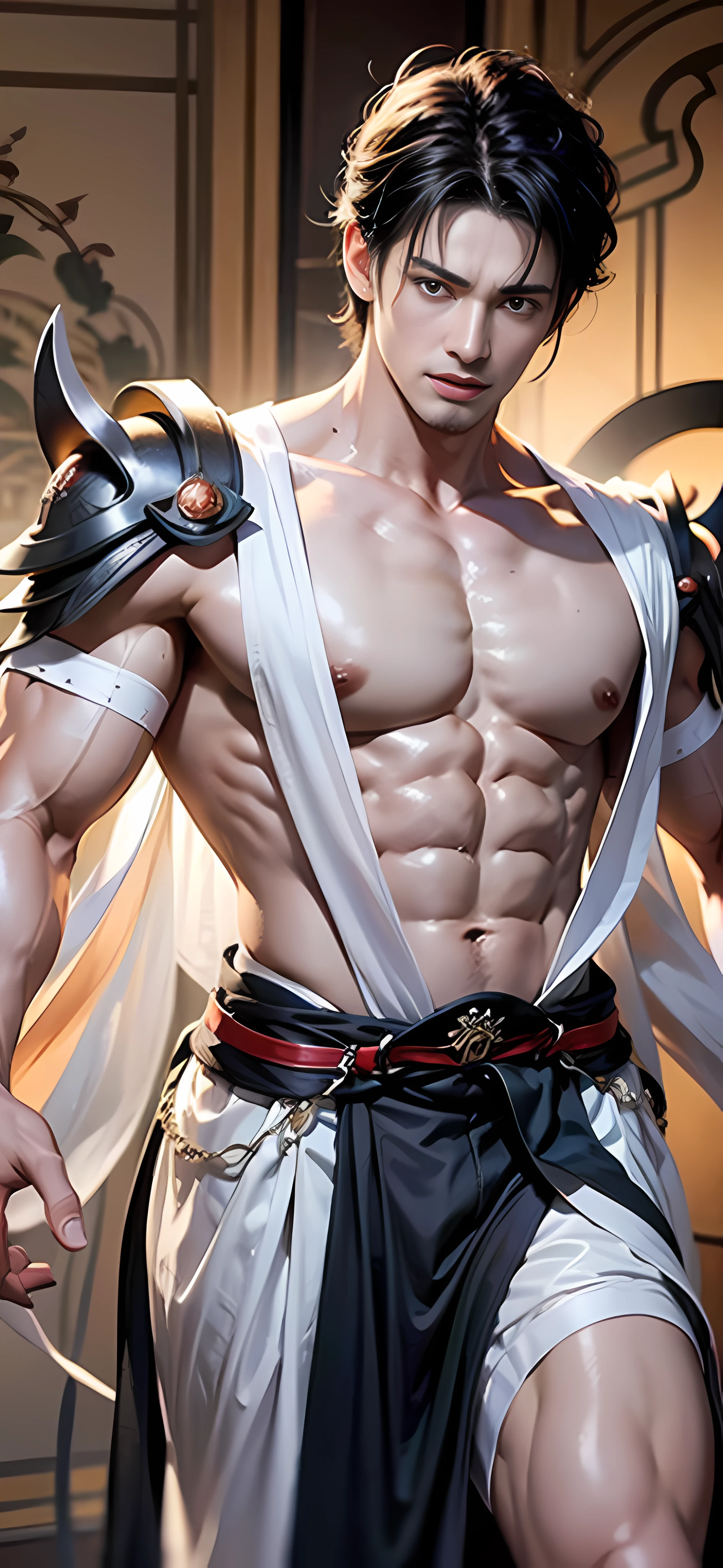 (Couple Cugging)Rough man Zeus muscles,1 Men,mistic,Soaring,white hanfu,Handsome,with short black hair,exteriors