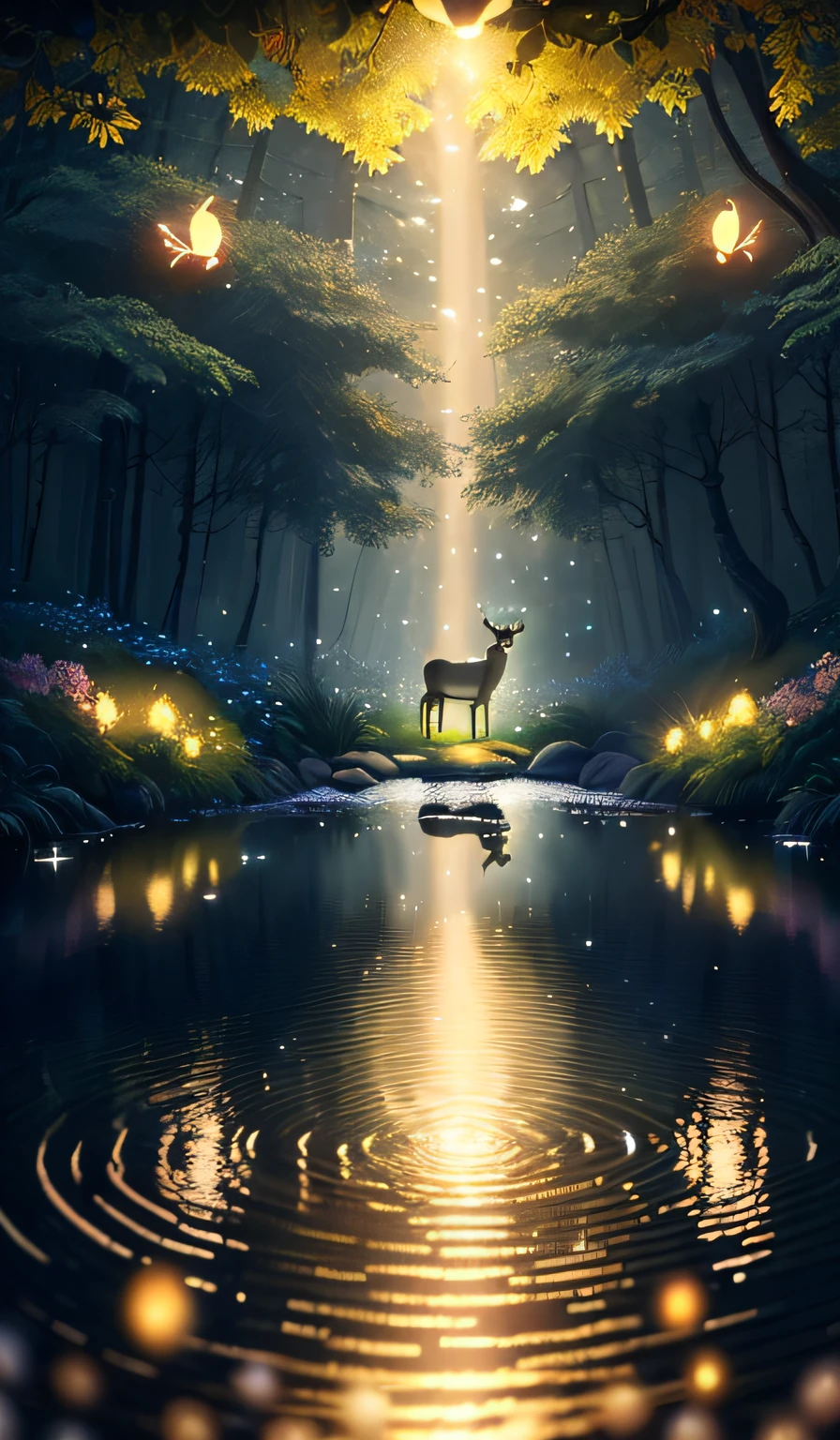 Masterpiece, best quality, (very detailed CG unity 8k wallpaper), (best quality), (best illustration), (best shadows), glow sprite, with a glowing deer, in the swimming pool Drinking water, natural elements in the forest theme. Mysterious forest, beautiful forest, nature, surrounded by flowers, delicate leaves and branches surrounded by fireflies (natural elements), (jungle theme), (leaves), (twigs), (fireflies), (particle effects) etc. 3D , Octane rendering, ray tracing, super detailed