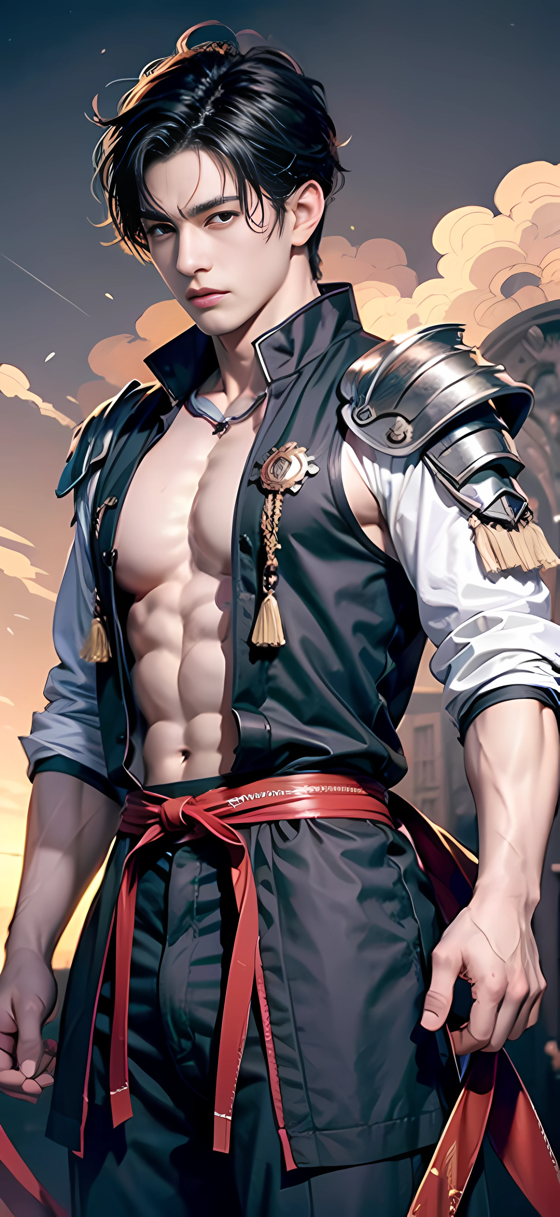 （Couple Cugging）Rough man Zeus muscles，1 Men，mistic，Soaring，white hanfu，Handsome，with short black hair，exteriors