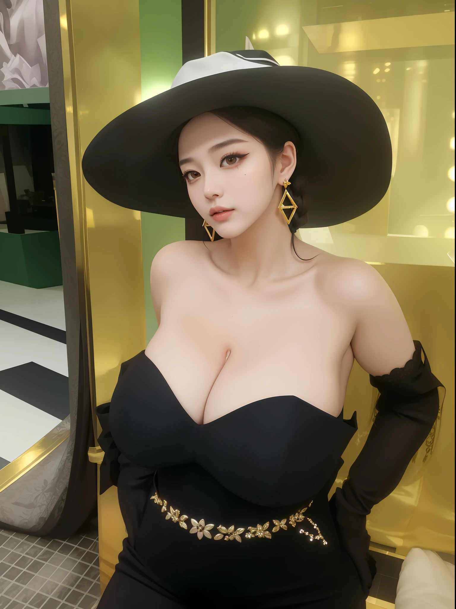 An Idol k-pop girl, (cute face, lewd face), braid hair, intricate face details, detailed face, golden ratio face, ((big breasts:1)), ((slim waist, big butt, big hip, big thighs)), ((intricate hands, detailled hands)), ((intricate feets, detailled feets)), full body, 64K, UHD, HDR, global illumination, (high quality, high detailed, hyper detailed, extremely detailed), photo realistic, ultra realistic, art photo, (clarify the details, detailed parts body), intricate artwork masterpiece, trending on artstation, (drunk face), sexually aroused, tight clothes, (red eyes:1), (polished skin:1,9), (earrings:1), long gloves, Background Heel Store, hat, look at viewer, dress
