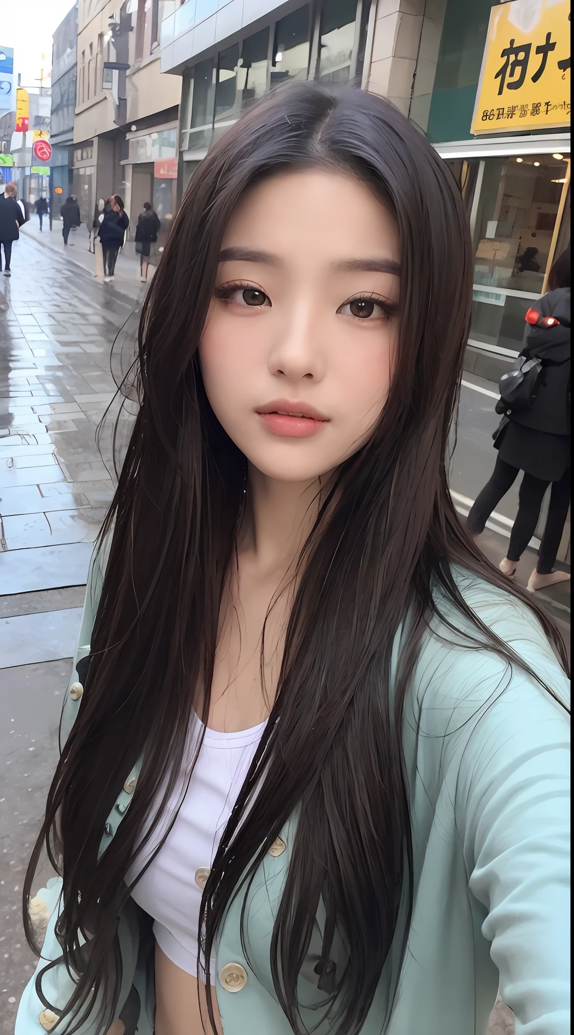 ((best qualtiy, 8k, tmasterpiece:1.3)), sharp:1.2, perfect figure beautiful woman:1.4, Slim abs:1.2, ((Layered Hair Style:1.2)), (Long shirt with wet white buttons:1.1),(Sateen,the street:1.2),Get wet:1.5,Highly detailed facial and skin texture,A detailed eye,二重まぶた,looks into camera