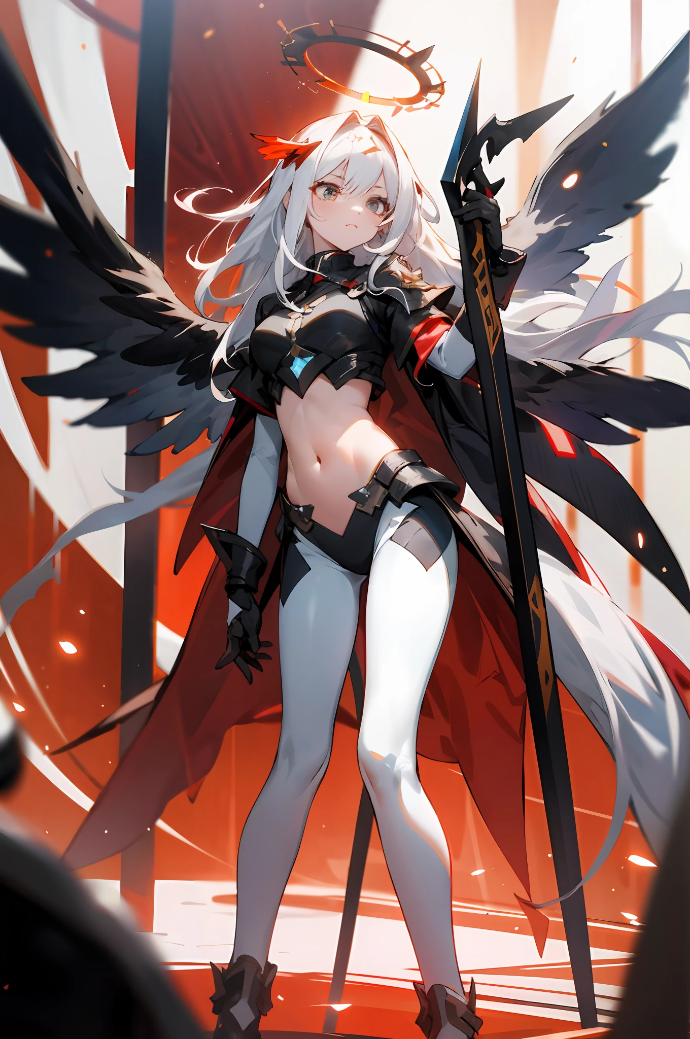 long  white hair，looks away，are standing，embarressed，Be red in the face，Keep one's mouth shut，Clamp your legs，Fleshy legs，A white halo on the head，There are black particle wings on the back，Wear black leggings，battle garment，exposing your navel