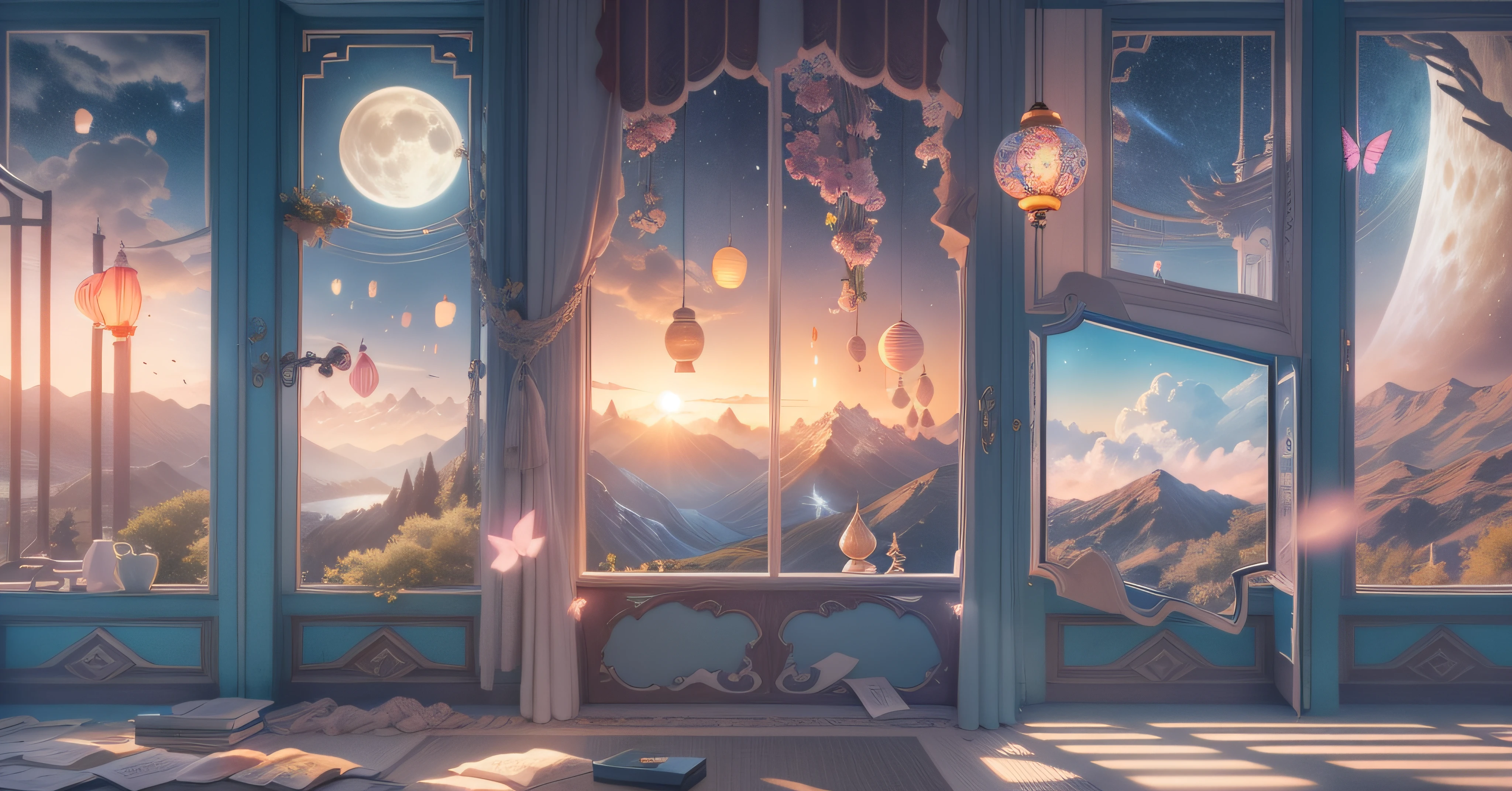 tmasterpiece,Best quality at best,(Very detailed CG unity 8K wallpaper),(Best quality at best),(The best illustrations),paper lanterns、China-style、inside in room,Panoramic window sills、(Huge Full Moon、super moon、In the middle of thepicture)、Far Mountain、Cloud、aquarelle、lakes、As estrelas、meteors、poster for、(glowworm),butterflys,(with light glowing),(Particle effect), Isometric 3D, Octane rendering, Ray traching, ultra-detailliert