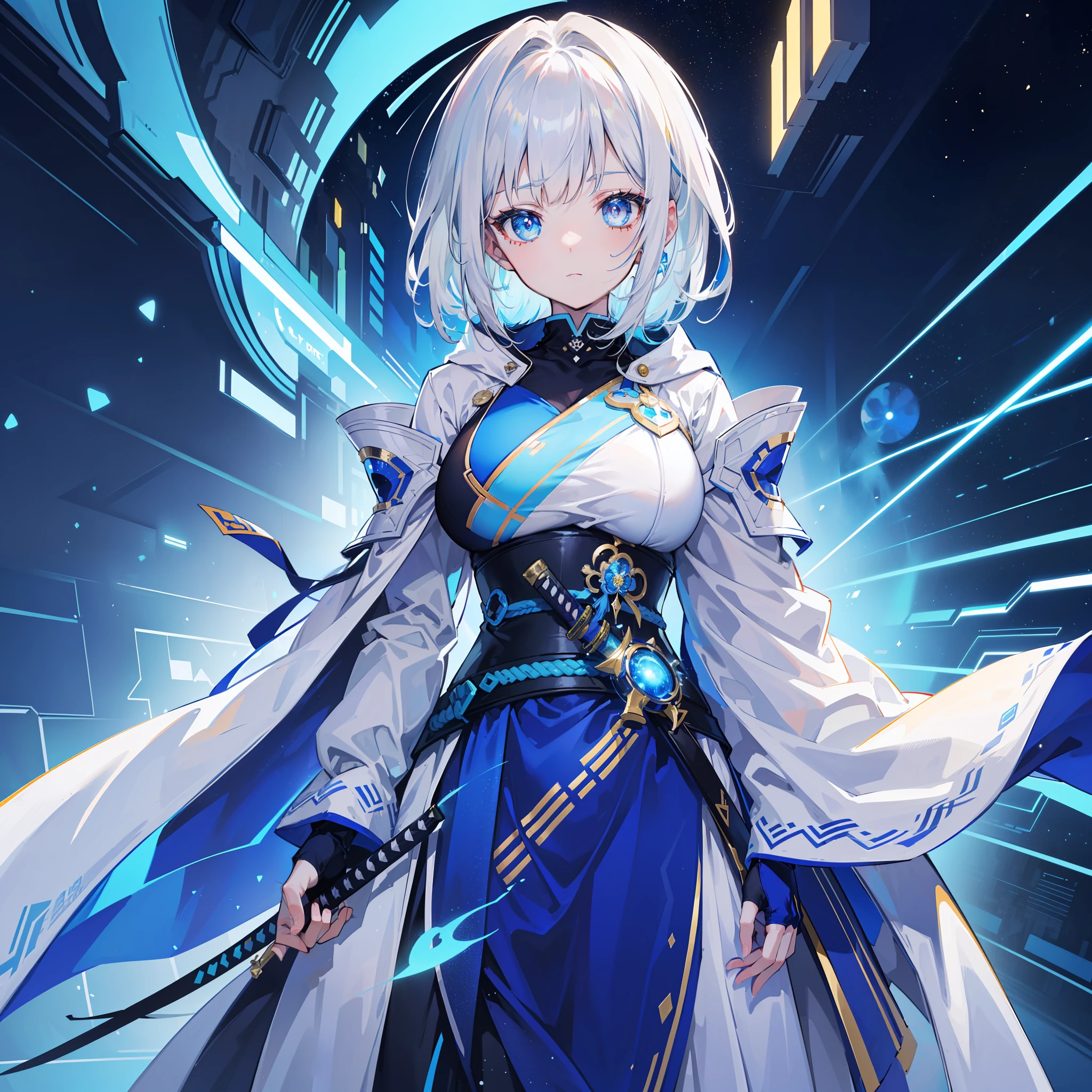 (tmasterpiece, best qualtiy, hyper-high detail, style of anime,HDR,8K,sci-fy)(sci-fi vibes, White-haired girl holding a blue laser katana, Made of blue particles,Wearing a blue and white cloak,Blue pupil), (Simple blue sci-fi electronic pattern decoration), (Huge blue sci-fi space as background)