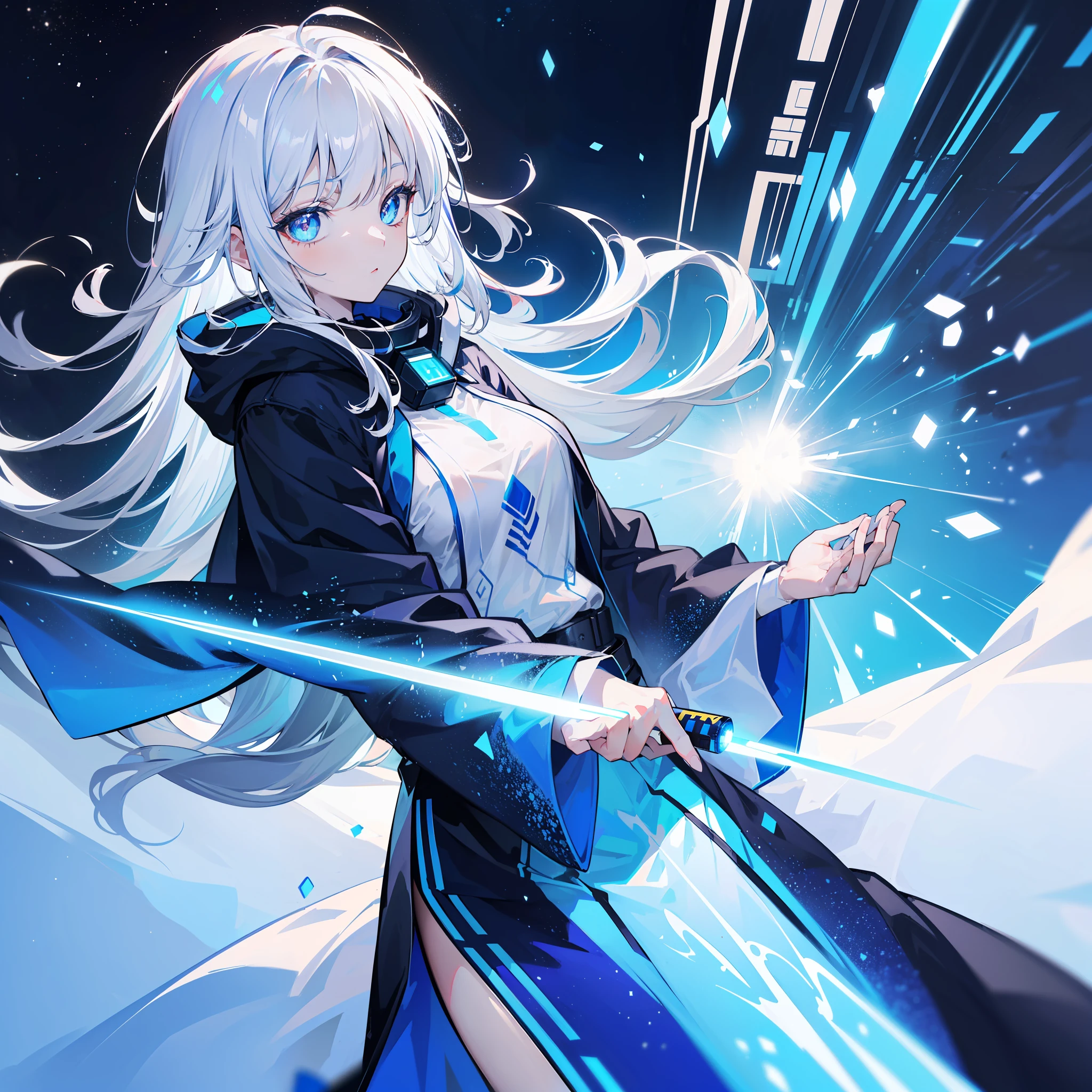 (tmasterpiece, best qualtiy, hyper-high detail, style of anime，HDR，8K，sci-fy)(sci-fi vibes, White-haired girl holding a blue laser katana, Made of blue particles，Wearing a blue and white cloak，Blue pupil), (Simple blue sci-fi electronic pattern decoration), (Huge blue sci-fi space as background)