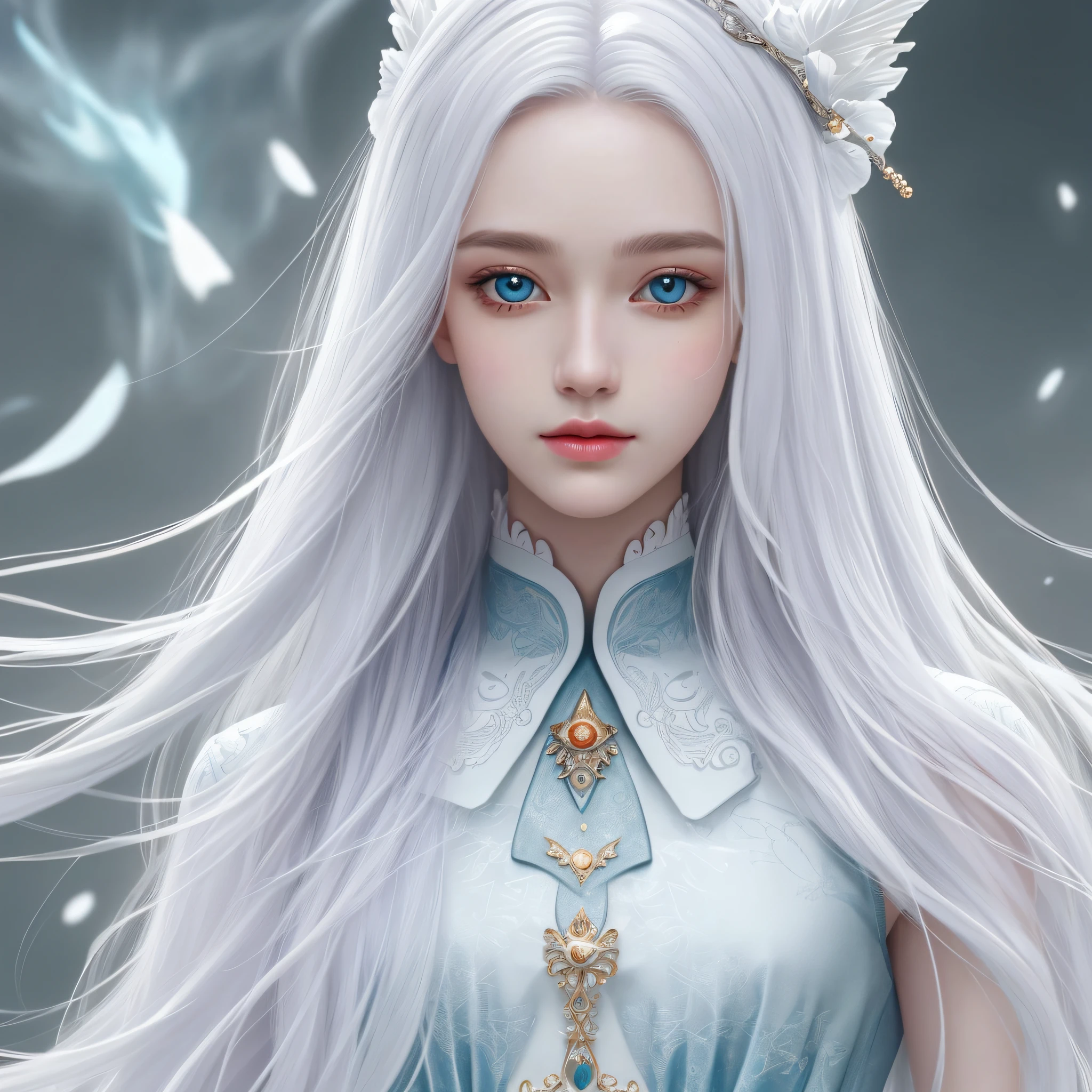 (tmasterpiece),(Best quality at best),(Super refined),(illustratio),(Extremely refined and beautiful),(dynamic angle),Immortal background (Complicated details)(Beautiful and delicate eyes),delicated face,Half-body close-up,Messy floating white hair,The decoration on the head is rich,adolable(Fantasy wind)(complexdetails),20yr old