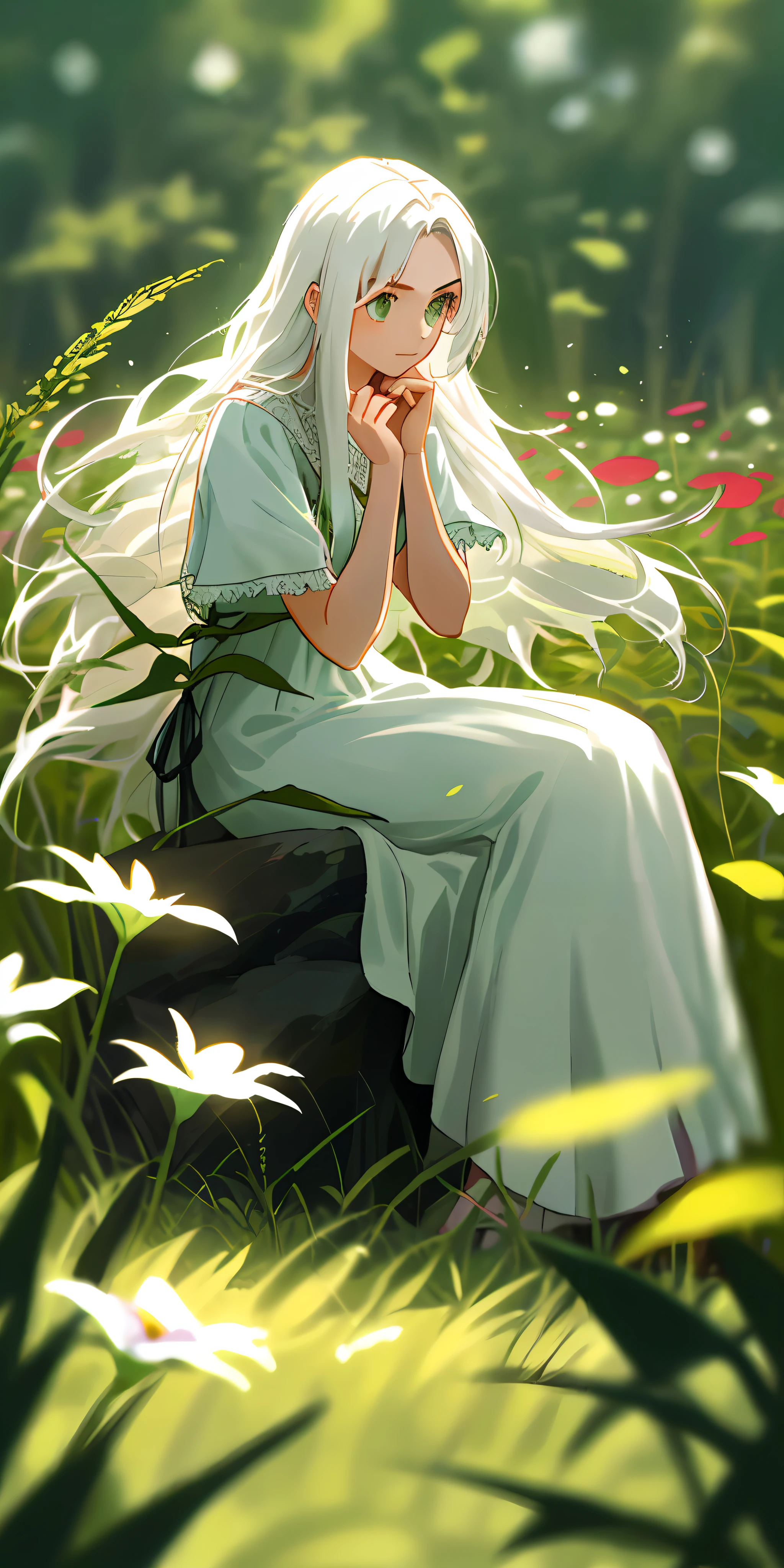 (masterpiece, best quality),1girl with long white hair sitting in a field of green plants and flowers, her hand under her chin, warm lighting, white dress, blurry foreground