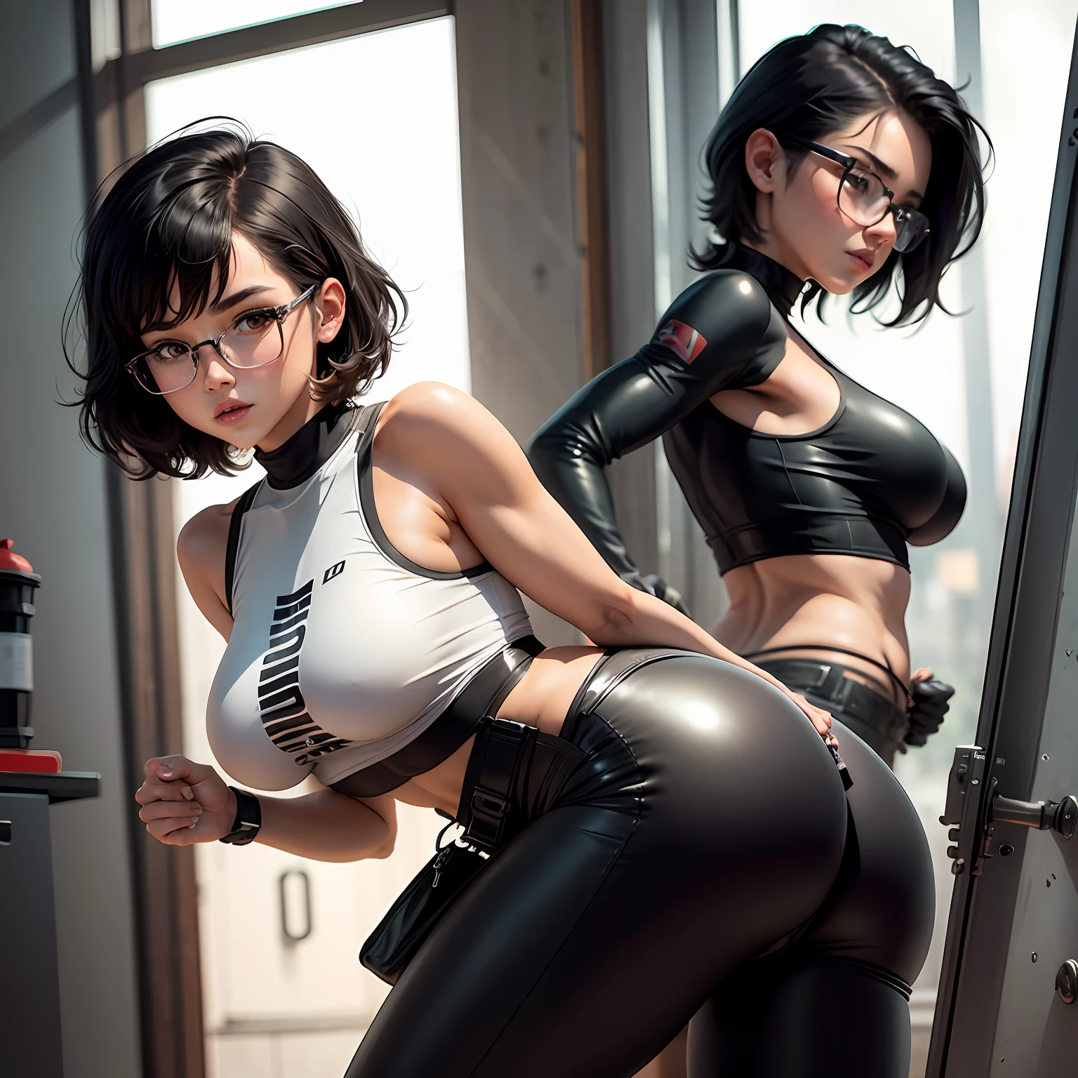 Cocked buttocks，tight leather pants，White sports vest，s girl，Black hair，short detailed hair，wears glasses， --auto
