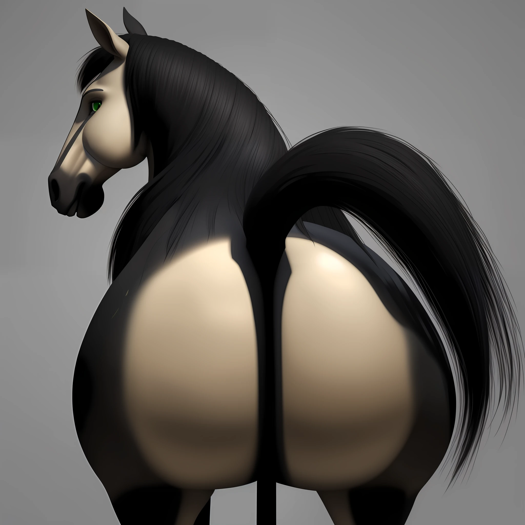 Black stallion feral horse, giant butt,butt view, whit Green eyes, long black hair, 3d render , Furry art