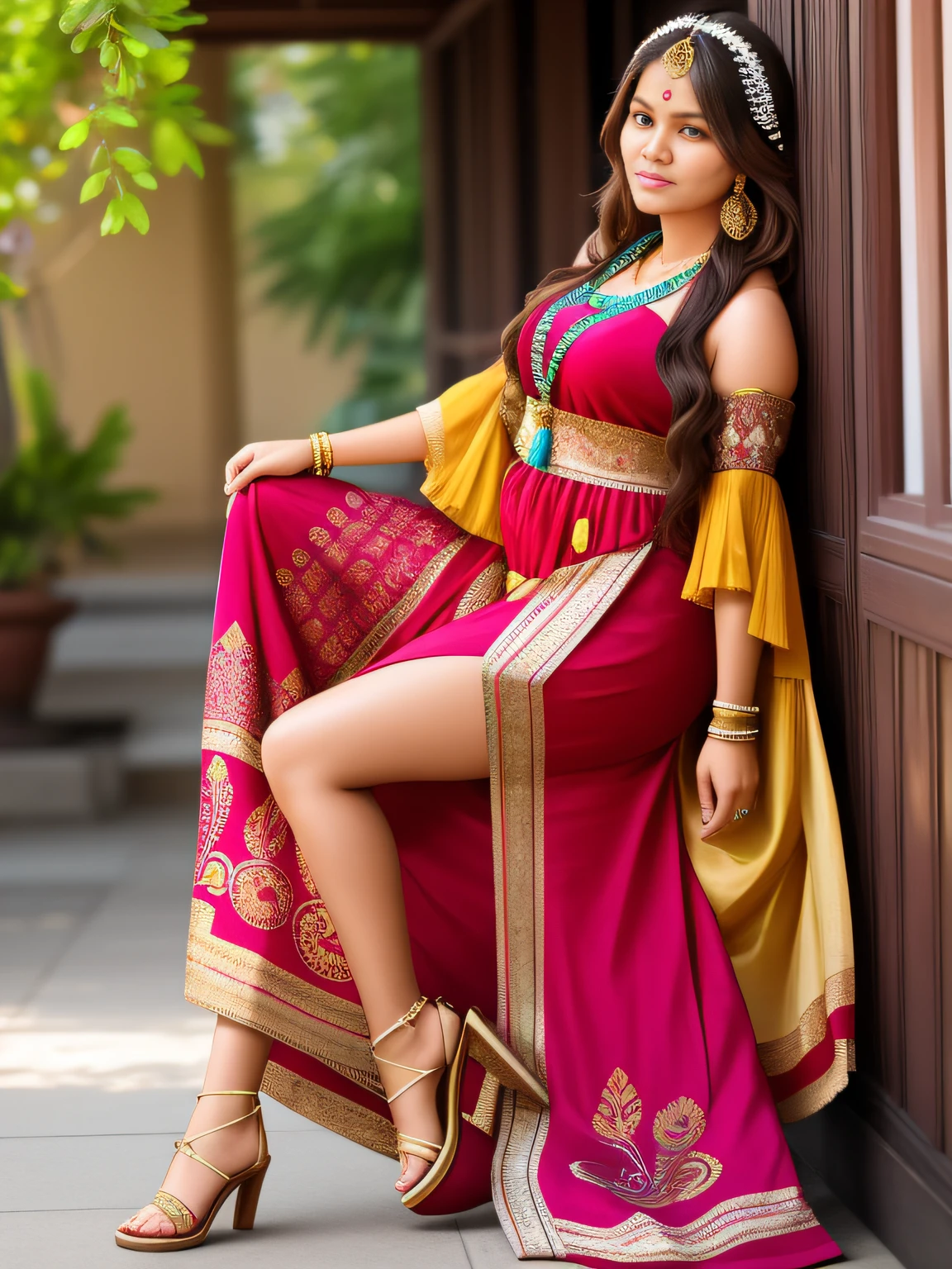 full-length photo Of A Beautiful Woman, Indian - Western - Thai Mixed Dress, Vibrant, Depth of field, In Beautiful Dress, (( Natural Light)), (( Sunny Day )),(( Beautiful Clear Brown Eyes )), long Brown Hair, (( Unique Hair Ornament )), In Centre, (( Photorealistic )), DSLR, Highly Detailed, 4k, Extreme Details, Realistic, (( Wide Shot )), full-length photo, full-body shot, Unique Design Patterns, Indian Design Pattern, Floral Pattern Indian Style,