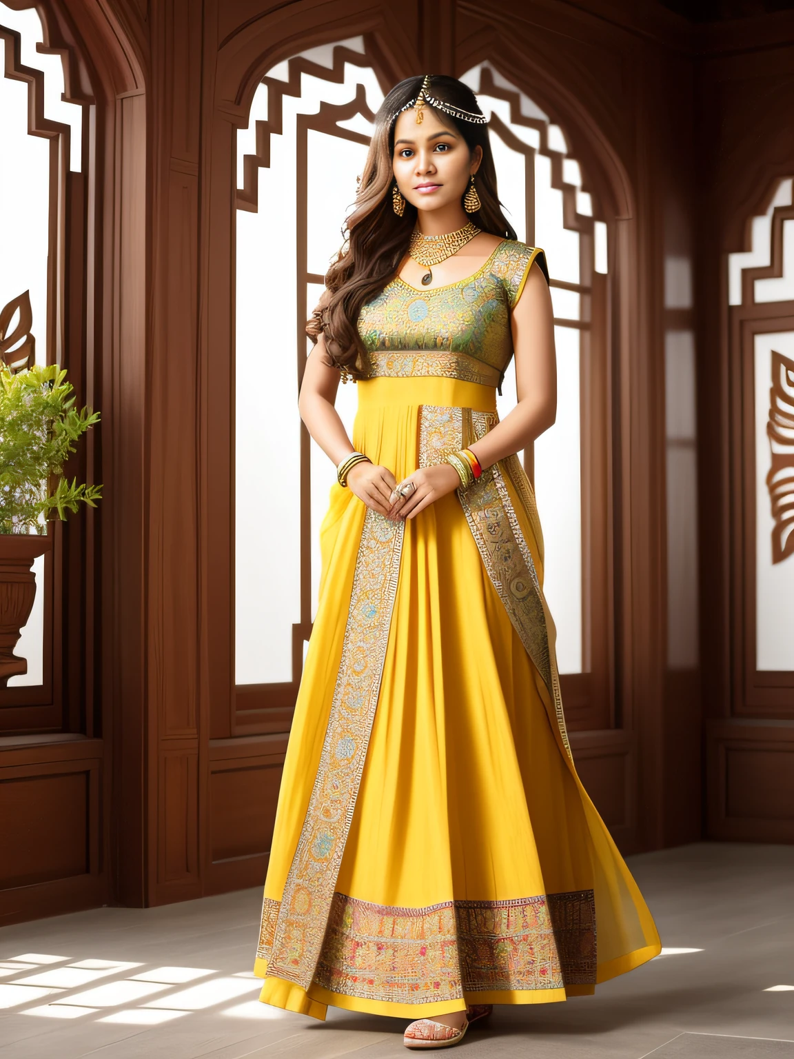 full-length photo Of A Beautiful Woman, Indian - Western - Thai Mixed Dress, Vibrant, Depth of field, In Beautiful Dress, (( Natural Light)), (( Sunny Day )),(( Beautiful Clear Brown Eyes )), long Brown Hair, (( Unique Hair Ornament )), In Centre, (( Photorealistic )), DSLR, Highly Detailed, 4k, Extreme Details, Realistic, (( Wide Shot )), full-length photo, full-body shot, Unique Design Patterns, Indian Design Pattern, Floral Pattern Indian Style,