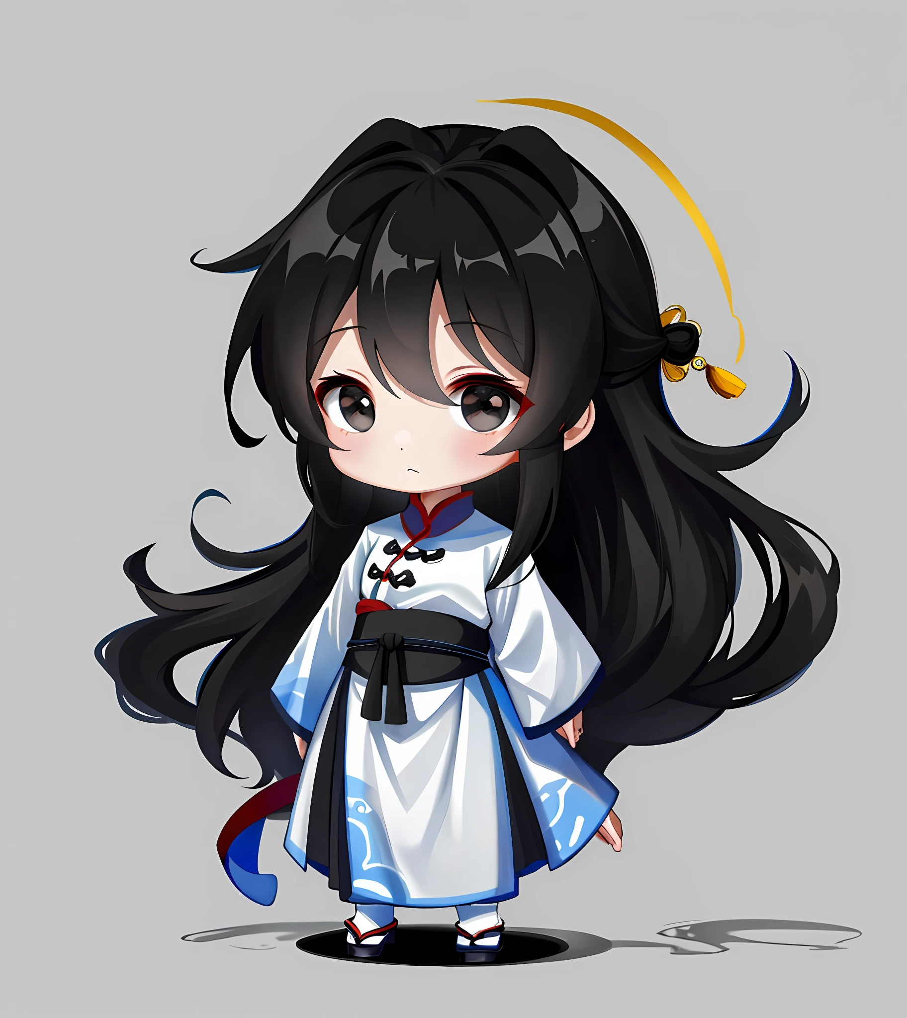 Best quality, masterpiece, high resolution, (1 girl: 1.6), (chibi: 1.6), standing, sideways, (ancient Chinese clothes: 1.2), long black hair, black eyes, white background, simple background