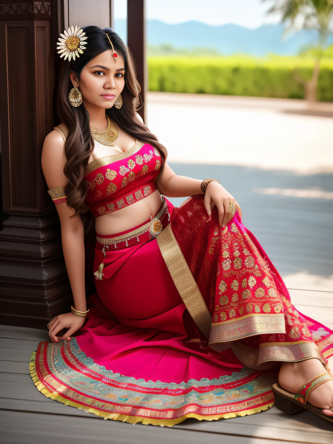 full-length photo Of A Beautiful Woman, Indian - Western - Thai Mixed Dress, Vibrant, Depth of field, In Beautiful Dress, (( Natural Light)), (( Sunny Day )),(( Beautiful Clear Brown Eyes )), long Brown Hair, (( Unique Hair Ornament )), In Centre, (( Photorealistic )), DSLR, Highly Detailed, 4k, Extreme Details, Realistic, (( Wide Shot )), full-length photo, full-body shot, Unique Design Patterns, Indian Design Pattern, Floral Pattern Indian Style,
