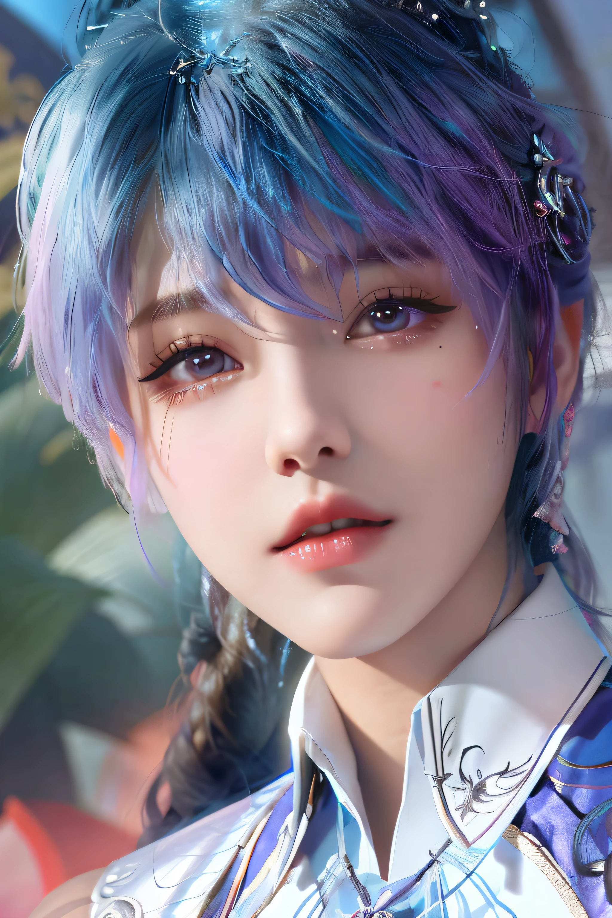 Close up of a woman with blue hair and purple shirt, Superb beauty,((short detailed hair)),Portrait Chevaliers du Zodiaque Fille, zhongli from genshin impact, Keqing from Genshin Impact, Yun Ling, inspired by Leng Mei, Beautiful character painting, uma linda princesa, Exquisite princess, portrait of a female mage, Rendu portrait 8k