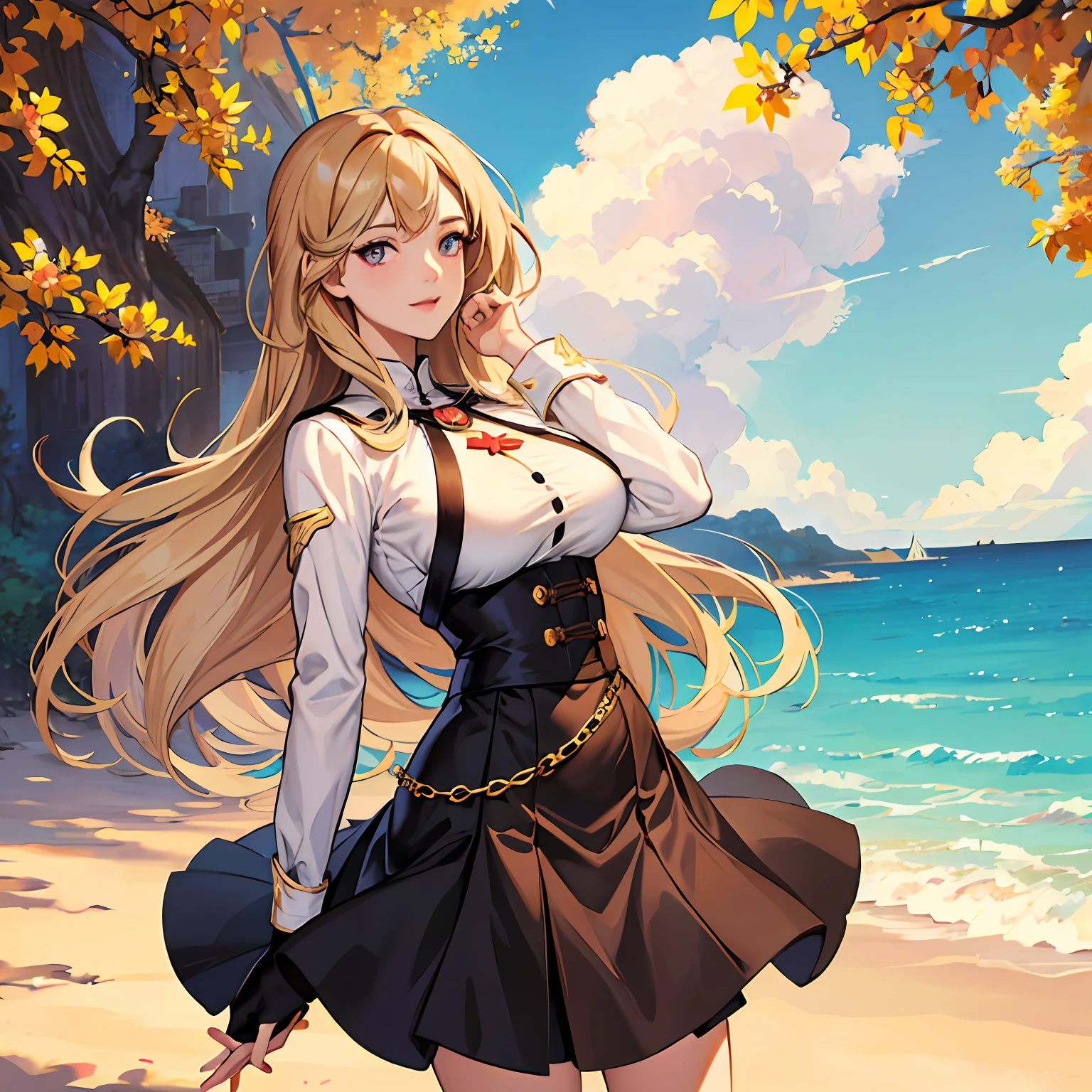 1girll，brunette color hair，long whitr hair，By bangs，short  skirt，mature，anime big breast，full bodyesbian， beautidful eyes， Nice face，radiantsmile，eventide，rosy clouds，ports --auto