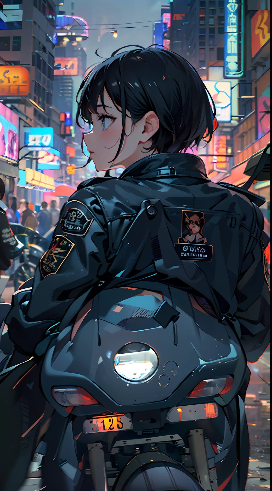 1girll, individually, Leaning on a motorcycle，Short hair, jaket, Long sleeves, Black hair, Face back,Looking back, arms at sides, The background is blurred out, Depth of field, Neon lights, Building, City lights, exteriors