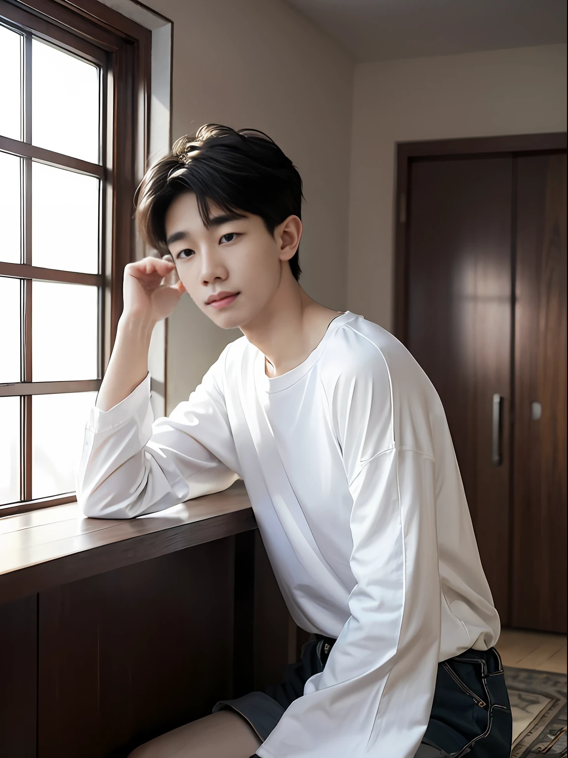 best qualityer， tmasterpiece， （realisticlying：1.4）， 1boy， 独奏， short detailed hair， largeeyes， white t - shirt ， longer sleeves， dramatic lights， looking at viewert， inside in room， liveroom， desks， carpets， wooden floor， decorations， janelas， rays of sunshine