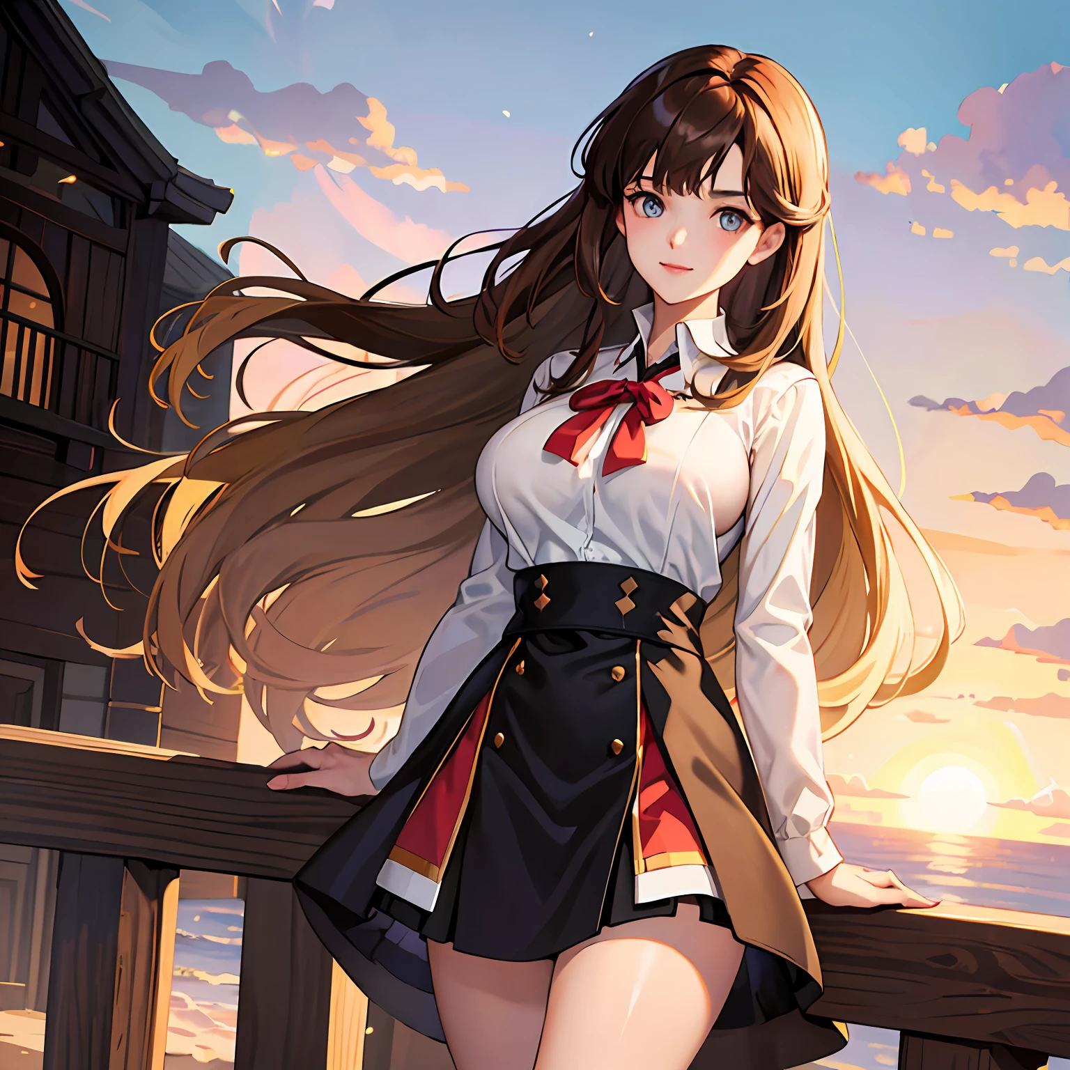 1girll,brunette color hair,long whitr hair,By bangs,short skirt,mature,anime big breast,full bodyesbian, beautidful eyes, Nice face,radiantsmile,eventide,rosy clouds,ports --auto