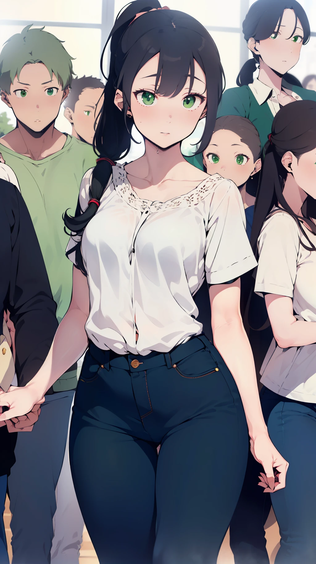 (((one woman,long hair,ponytail,slender face,sharp eyes,green eyes,detailed eyes,small breast,white blouse,navy jeans))),sexy pose,masterpiece,extremely high quality,extremely fine and beautiful,hyper detail,dynamic resolution,sharp focus,anime style,crowd,watching the viewer,wearing shoulder bag