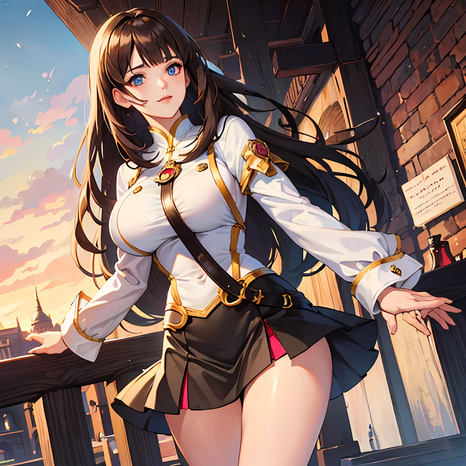 1girll,brunette color hair,long whitr hair,By bangs,short skirt,mature,anime big breast,full bodyesbian, beautidful eyes, Nice face,radiantsmile,eventide,rosy clouds,ports --auto