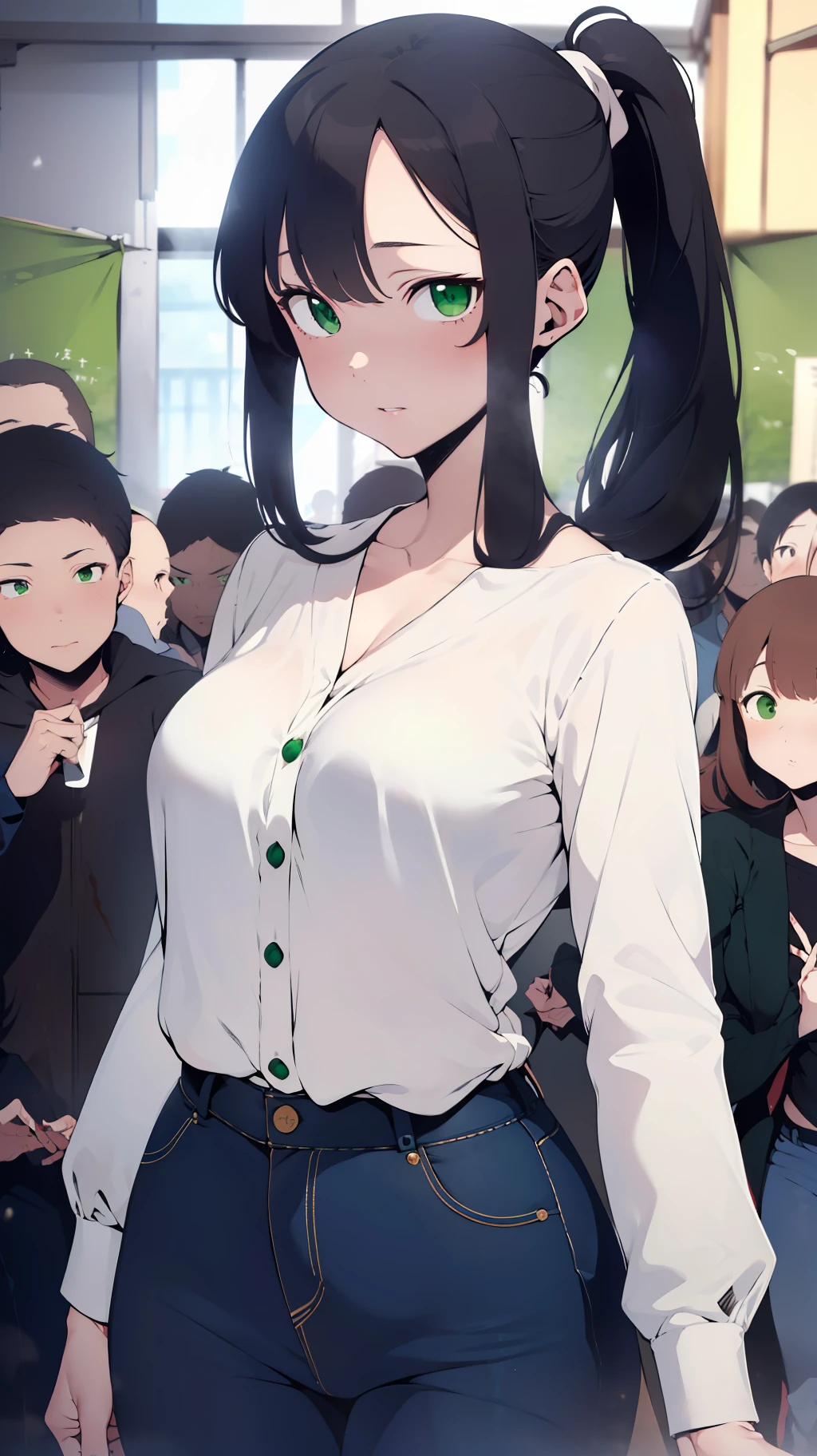 (((one woman,long hair,ponytail,bang,slender face,sharp eyes,green eyes,detailed eyes,small breast,white blouse,navy jeans))),sexy pose,masterpiece,extremely high quality,extremely fine and beautiful,hyper detail,dynamic resolution,sharp focus,anime style,crowd,watching the viewer