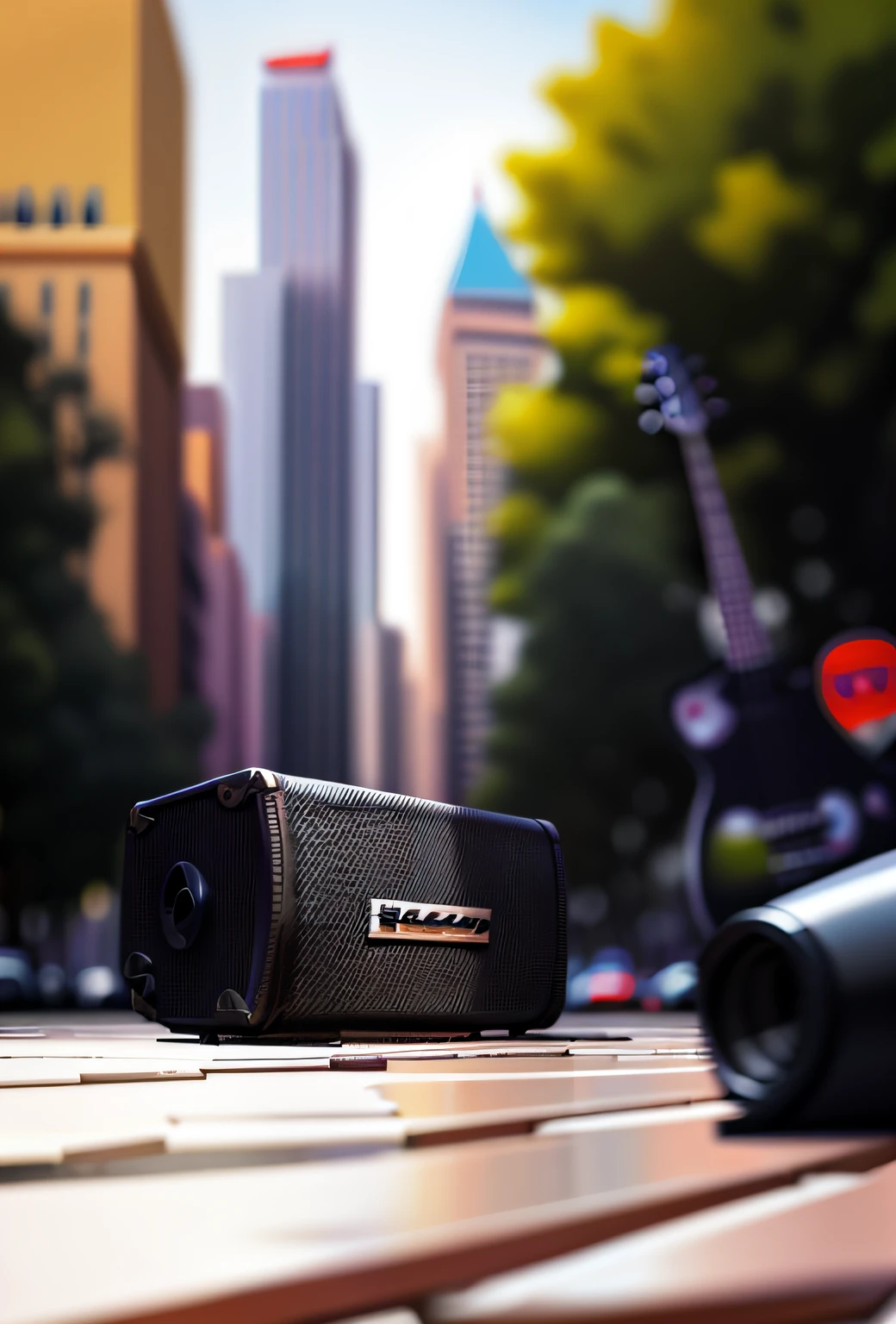 Black sound system，bright  daylight，hyper HD, Masterpiece, High quality, 4K, Best quality, fotografia do produto，Plaza，parks，the ground，guitar，music instrument，