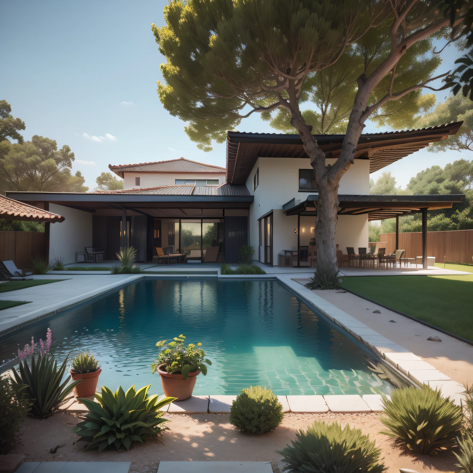 Organic modern architecture of a country house, casa campestre com cavalos, Ground Floor Architecture, muito terreno a volta da casa, em um terreno sem muros e cercas, Terreno bastante grande, terreno com cavalos, paisagem liver, pradaria com arvores , There is a swimming pool in the middle of a large one-story house, cor da casa em vigas marrom chocolate e preto, large modern residence, telhados planos e jardim, render luxcore, renderizar oktane, a photorealistic rendering, architectural render, mantra rendering, architectural render, realism rendering, architectural visualisation, piscina de bem-estar, architectural visualisation,  Large green areas, com pequenas zonas de flores de lavanda, arbustos verdes tipo exuberante jardim verde, as well as small water mirrors, swimming pool embedded in an area of sand, oliveiras e pinheiros ao redor da casa, quadra de padel ao lado da casa,  a photorealistic rendering, renderizado em v-ray, Archviz, renderizado em vray, renderizado em povray, hyperrealistic rendering, hyper - realistic render, photorealistic render, renderizado no lumion pro, detailed archviz render, natural realistic render, lumion rendering