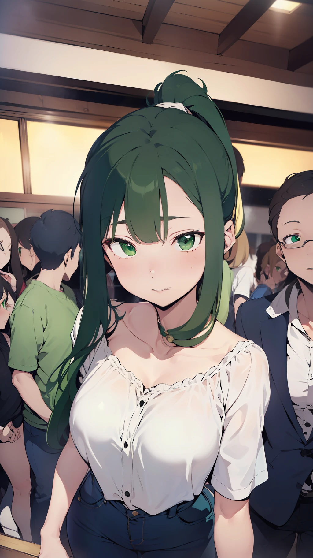 (((one woman,long hair,ponytail,slender face,sharp eyes,green eyes,detailed eyes,small breast,white blouse,navy jeans))),sexy pose,masterpiece,extremely high quality,extremely fine and beautiful,hyper detail,dynamic resolution,sharp focus,anime style,crowd,watching the viewer,wearing shoulder bag