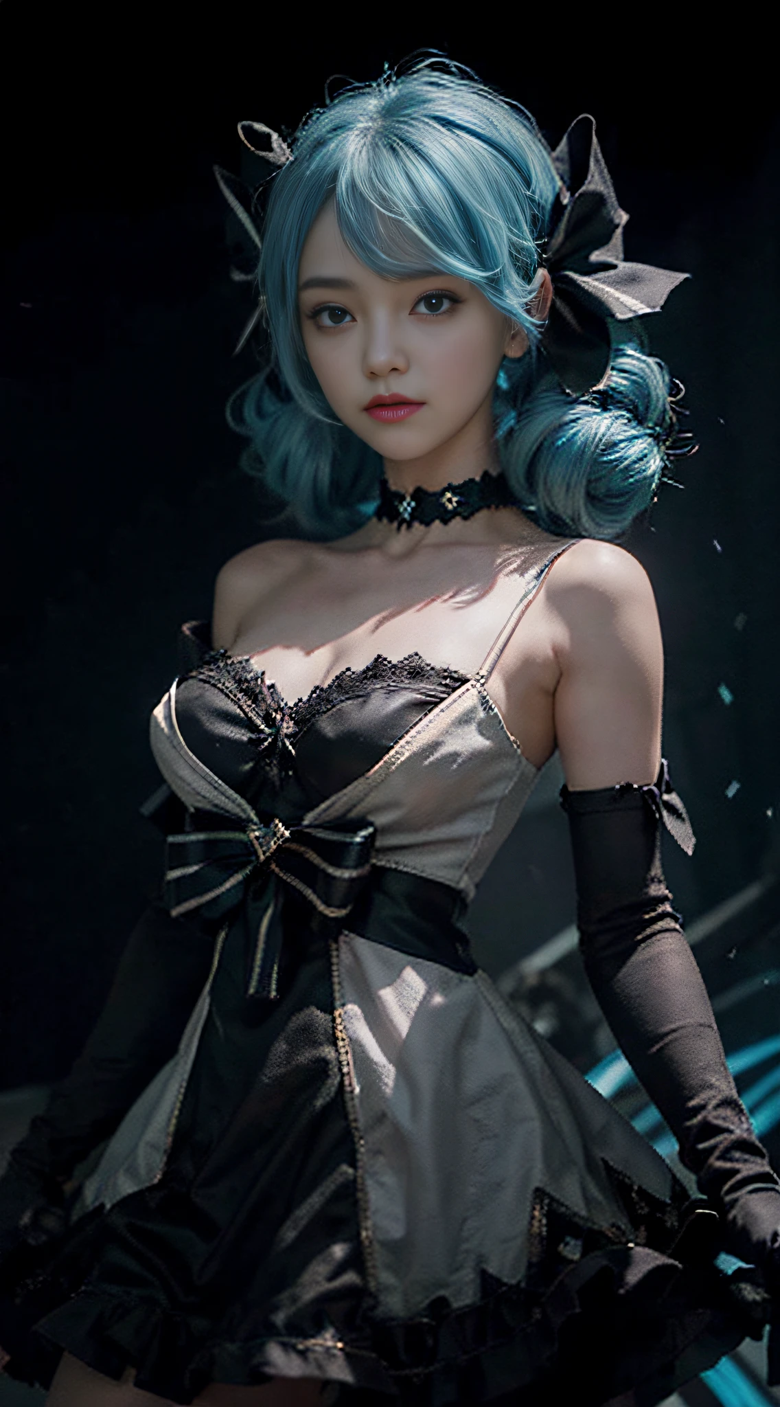 knee level shot of a 1 girl,gwen \ (league of legends\) ,black bow,black gloves,black legwear,blue eyes,blue hair,bow,collarbone,dress,drill hair, with a face, Anime screencap, Smirking, stylized, Generative Art, (art by Eileen Gray:1.1) ,