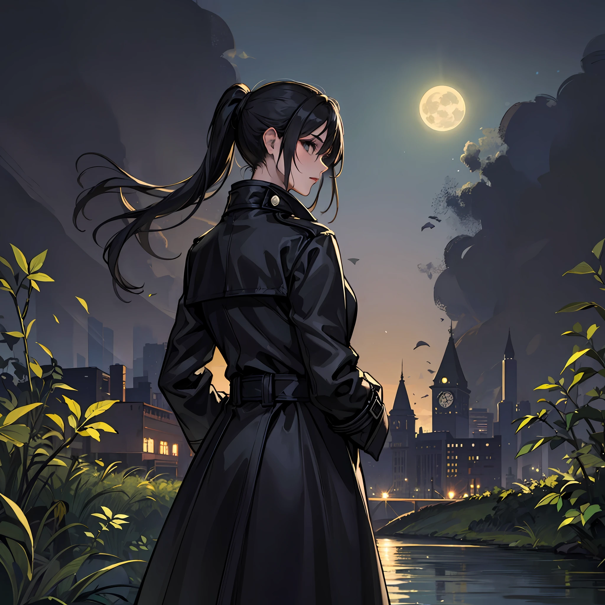 A woman with a black ponytail,Wear a black trench coat,the night,rays of moonlight,suburb,mills,Greenery