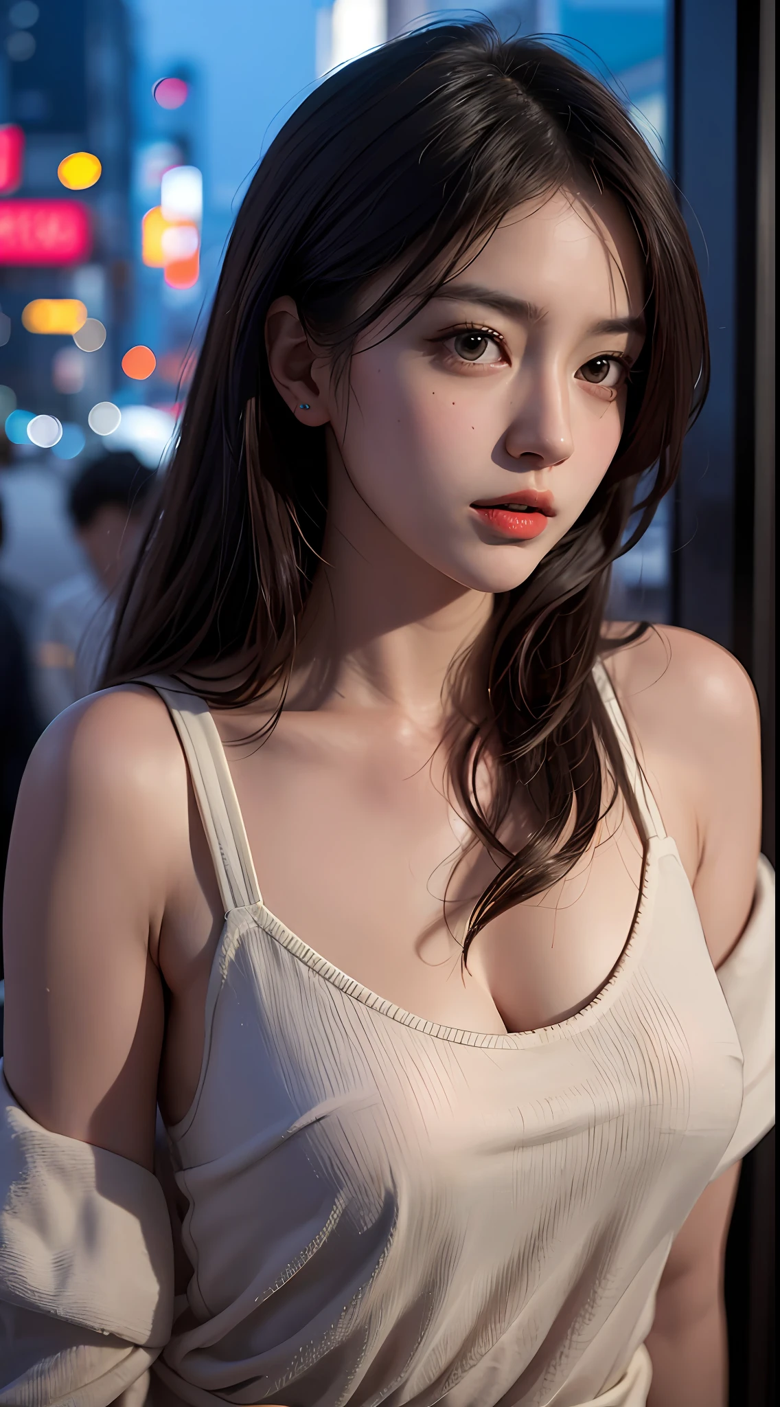 1girl, Tokyo street,night, cityscape,city lights, upper body,close-up, 8k, RAW photo, best quality, masterpiece,realistic, photo-realistic,